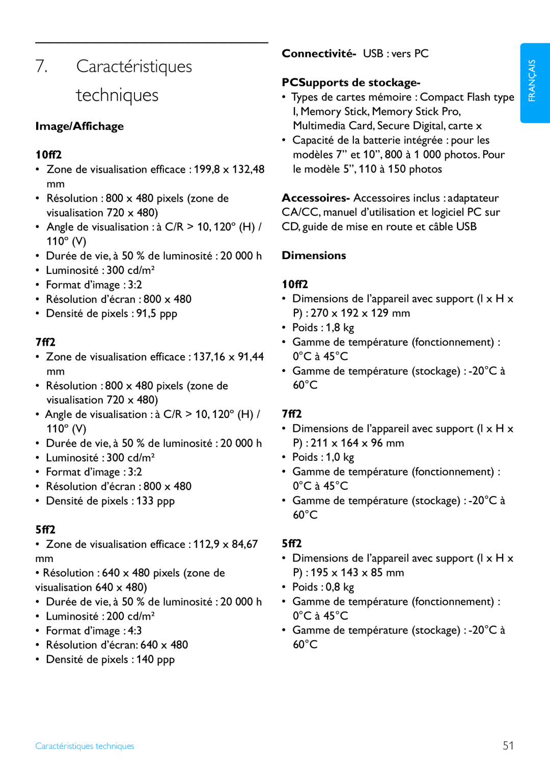 Philips 7FF2 manual Caractéristiques 