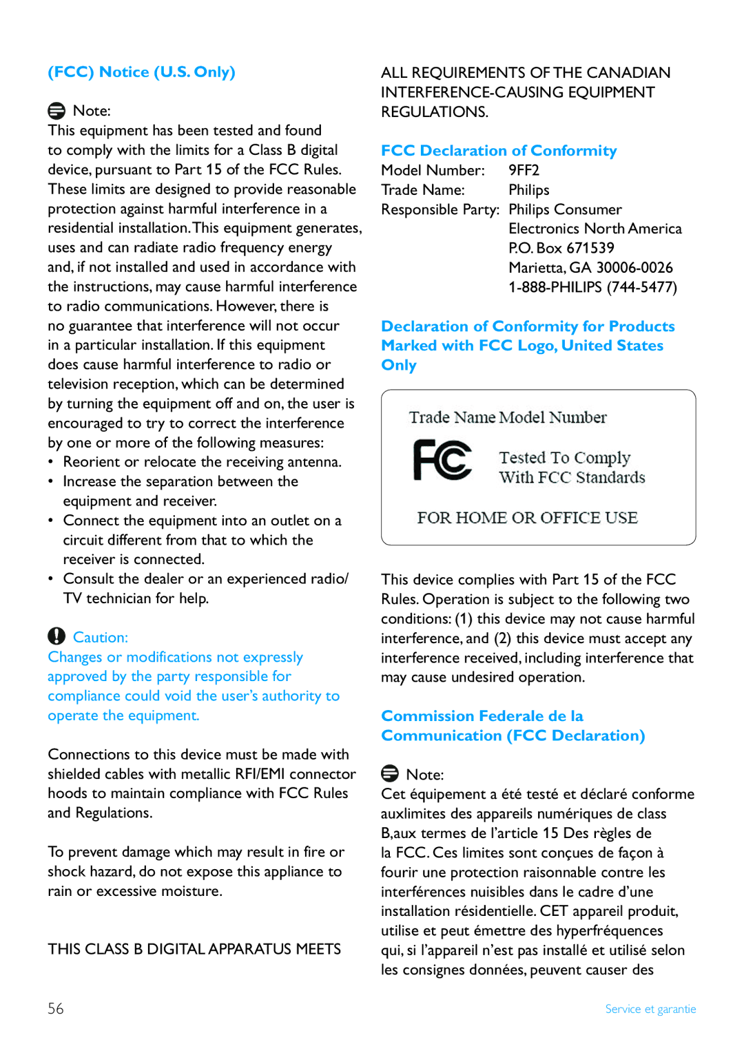 Philips 7FF2 FCC Notice U.S. Only, FCC Declaration of Conformity, Commission Federale de la Communication FCC Declaration 