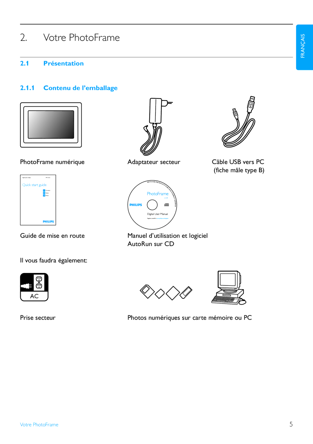 Philips 7FF2 manual Votre PhotoFrame, Présentation Contenu de l’emballage 