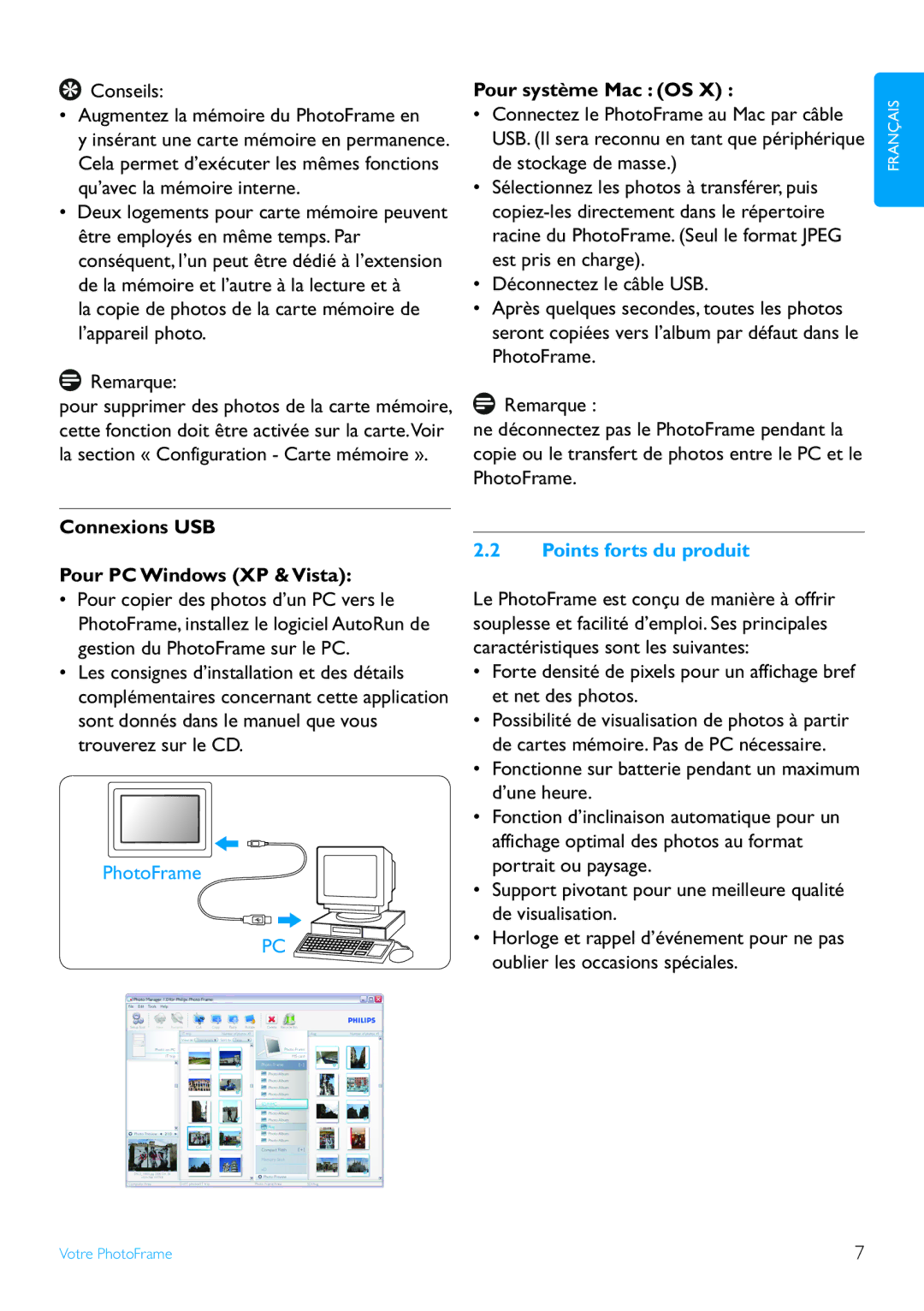 Philips 7FF2 manual Connexions USB Pour PC Windows XP & Vista, Pour système Mac OS, Points forts du produit 