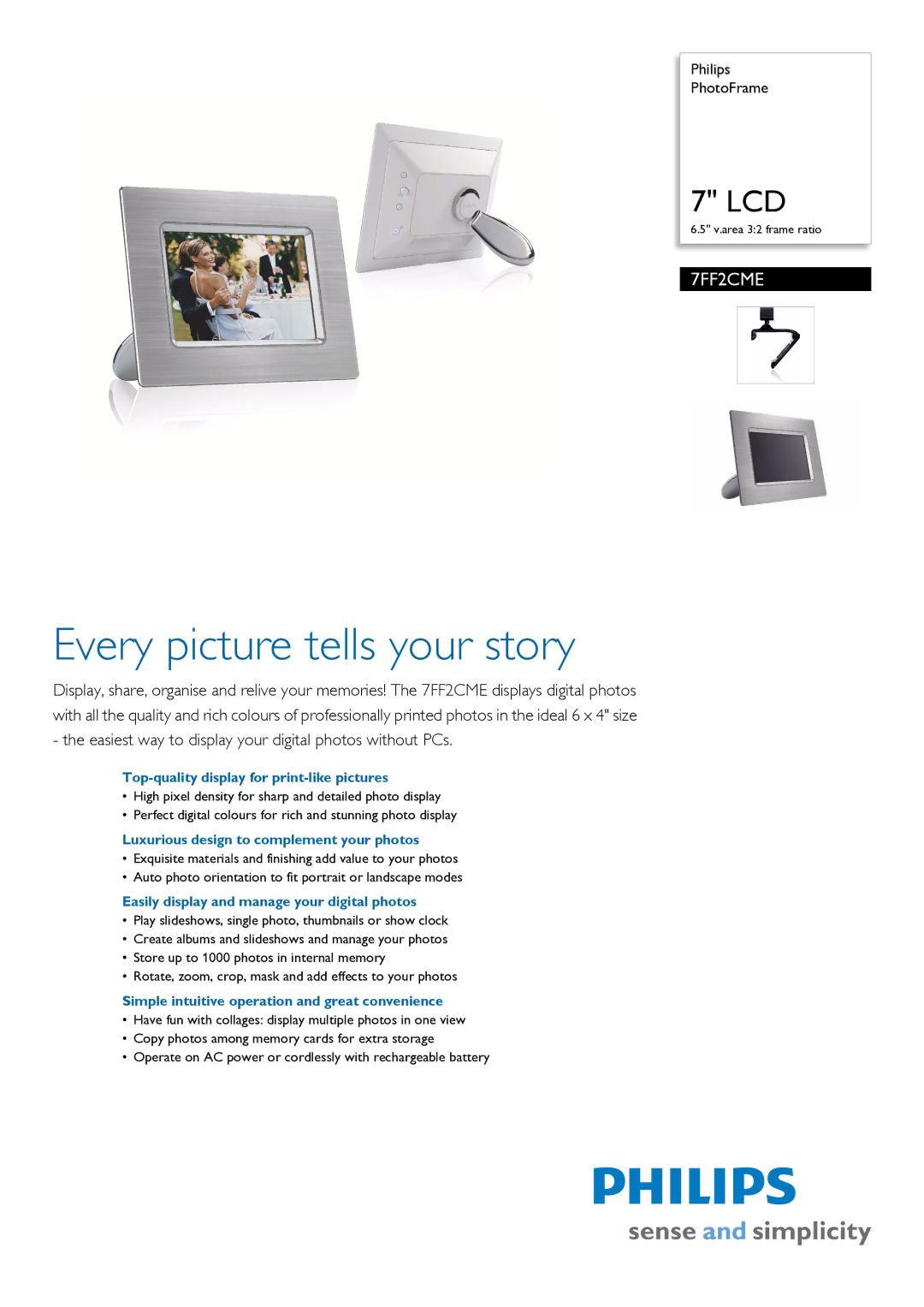 Philips 7FF2CME/05 manual Top-quality display for print-like pictures, Luxurious design to complement your photos 