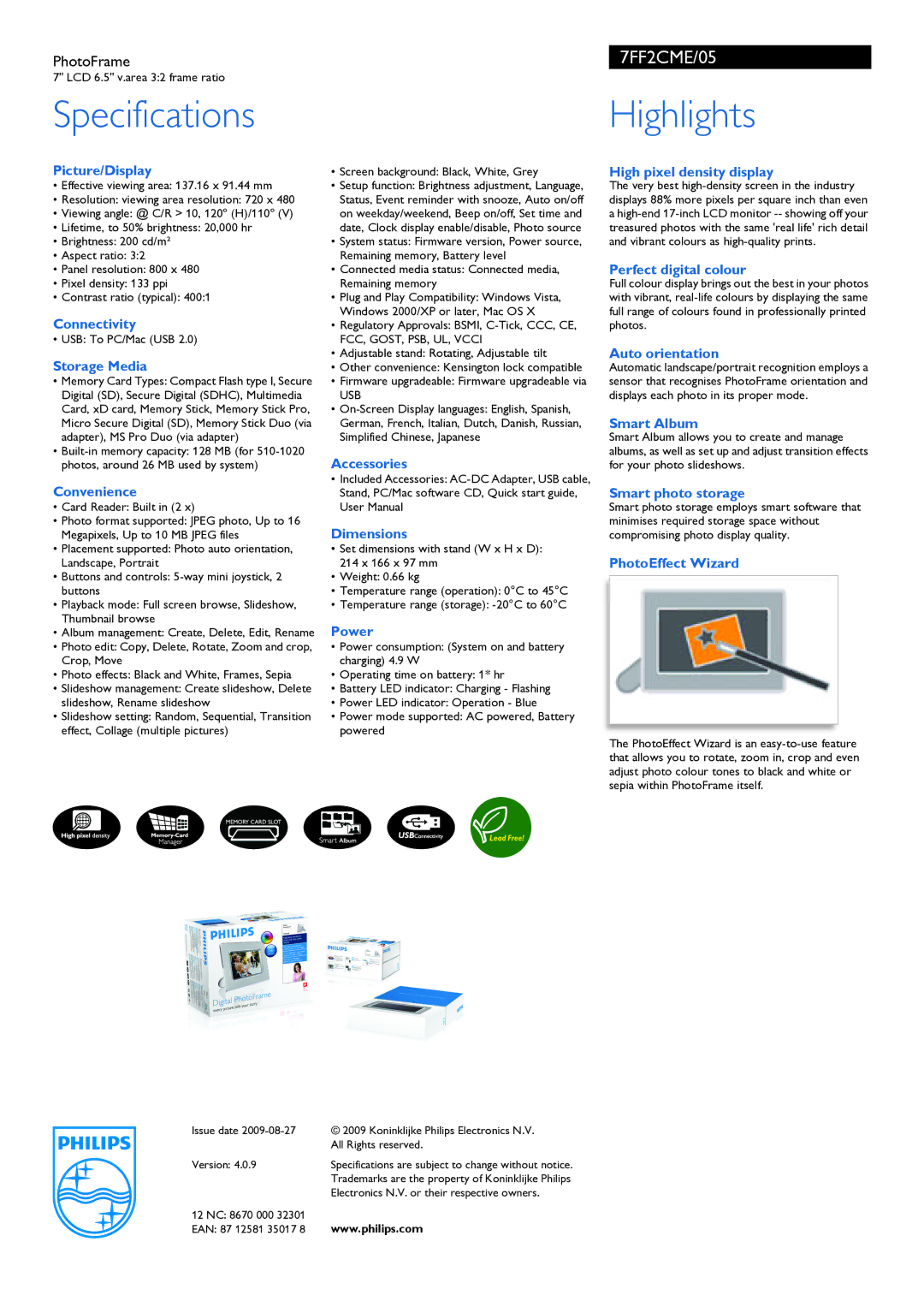 Philips 7FF2CME/05 Picture/Display, Connectivity, Storage Media, Convenience, Accessories Dimensions, Power, Smart Album 