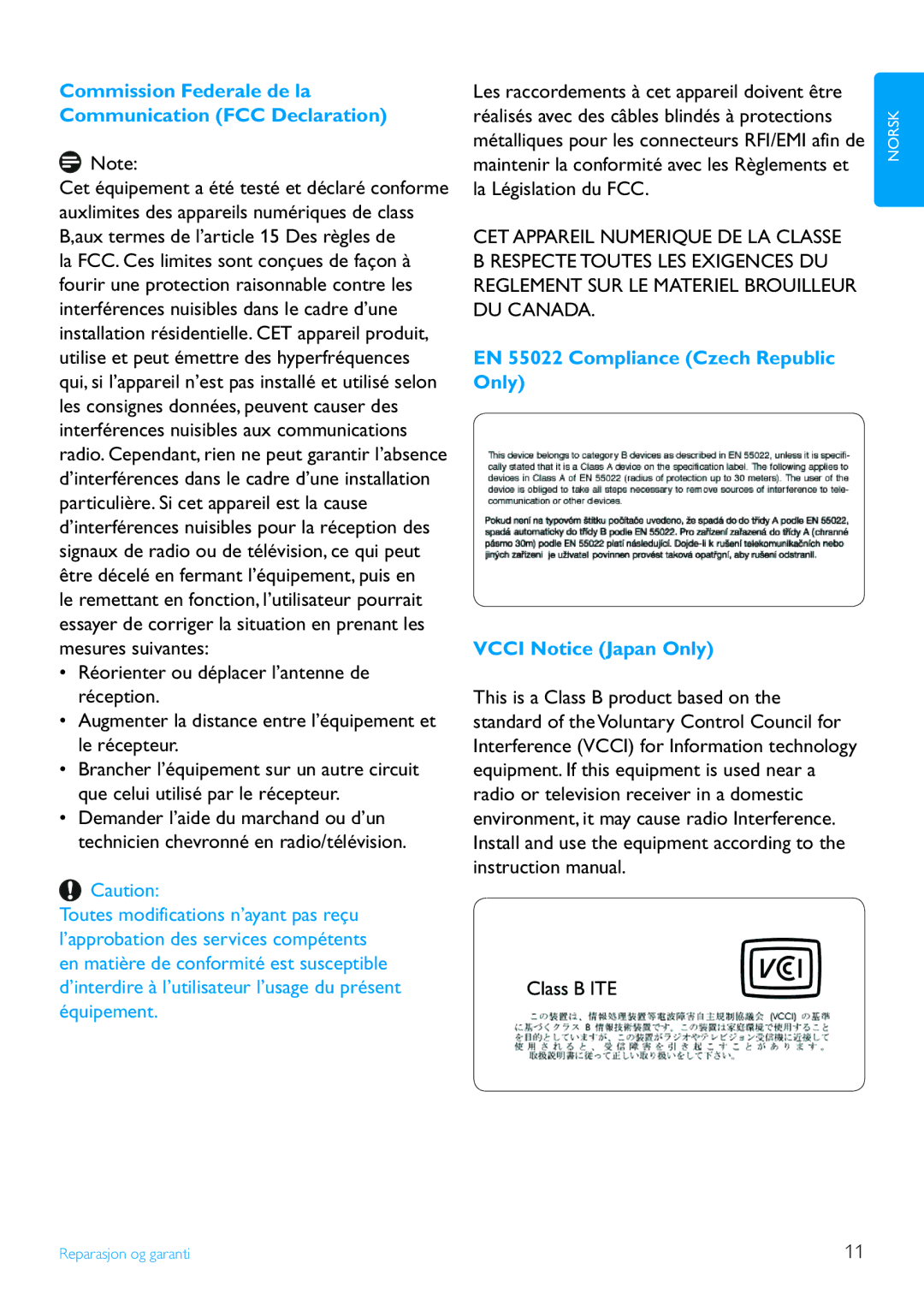 Philips 7FF2FPA manual Commission Federale de la Communication FCC Declaration 