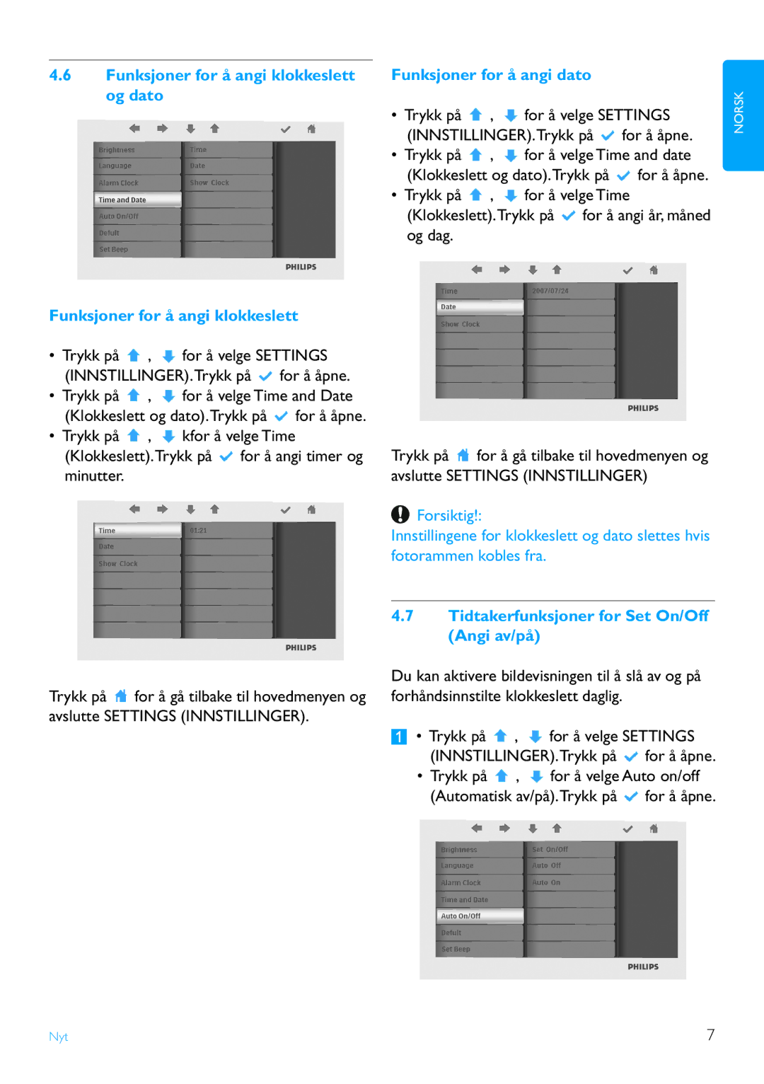 Philips 7FF2FPA manual Funksjoner for å angi klokkeslett og dato, Funksjoner for å angi dato 