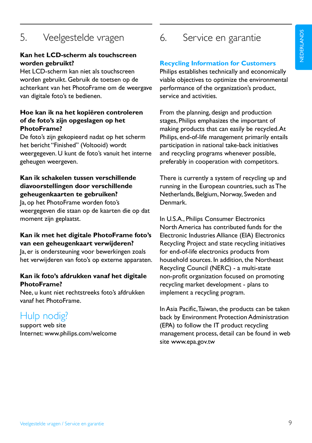 Philips 7FF2FPA manual Veelgestelde vragen, Support web site 