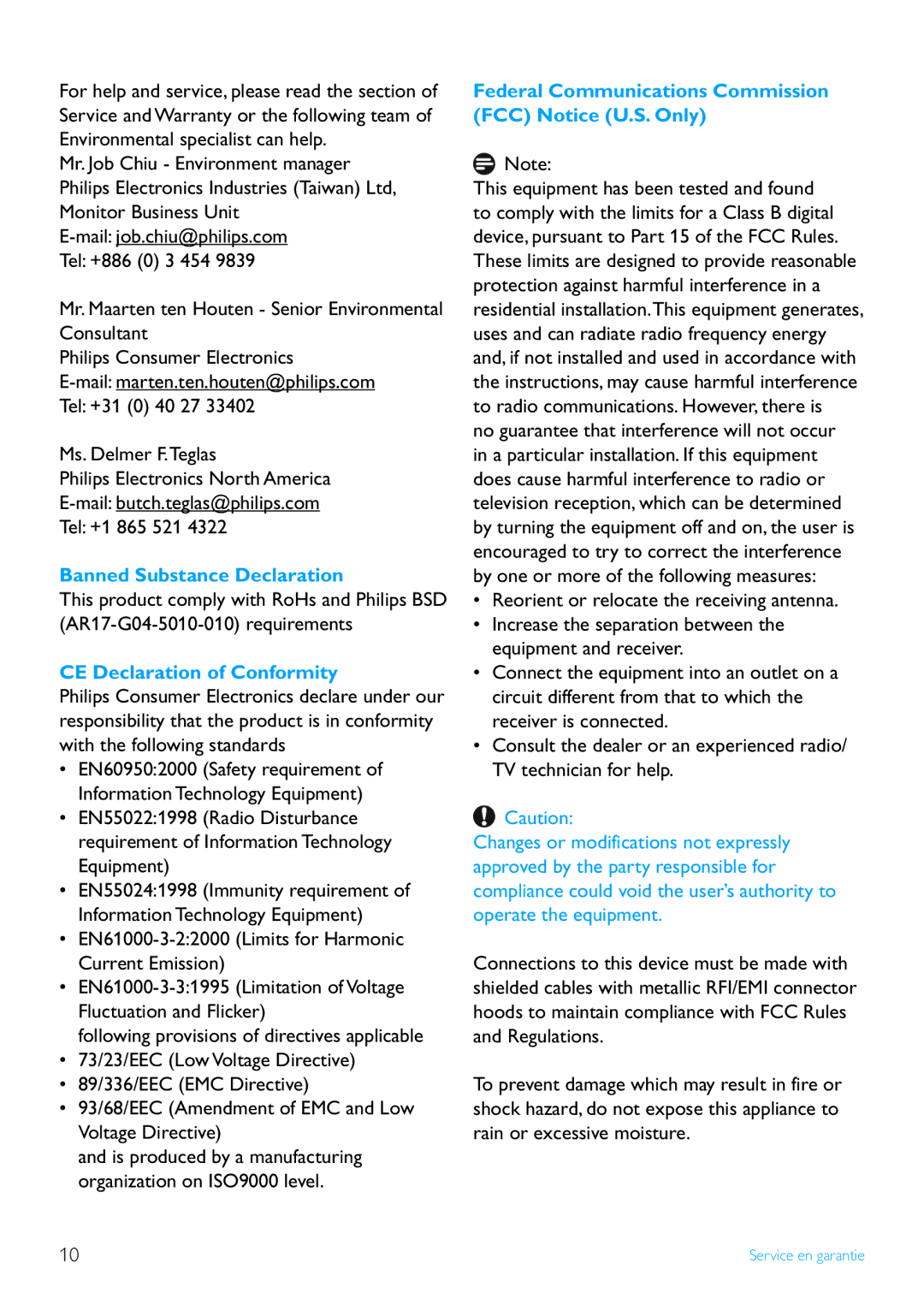 Philips 7FF2FPA manual Banned Substance Declaration, CE Declaration of Conformity 