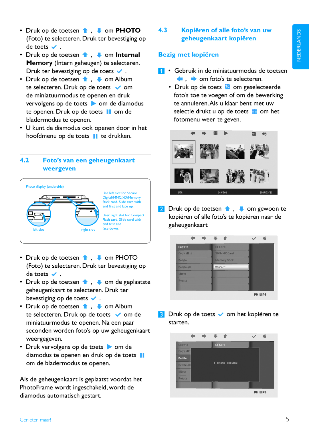 Philips 7FF2FPA manual Foto’s van een geheugenkaart weergeven 