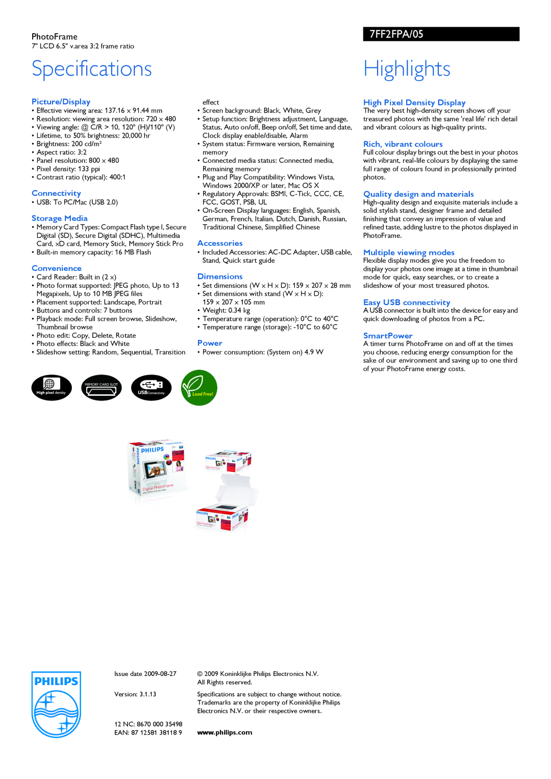 Philips 7FF2FPA/05 manual Specifications, Highlights 