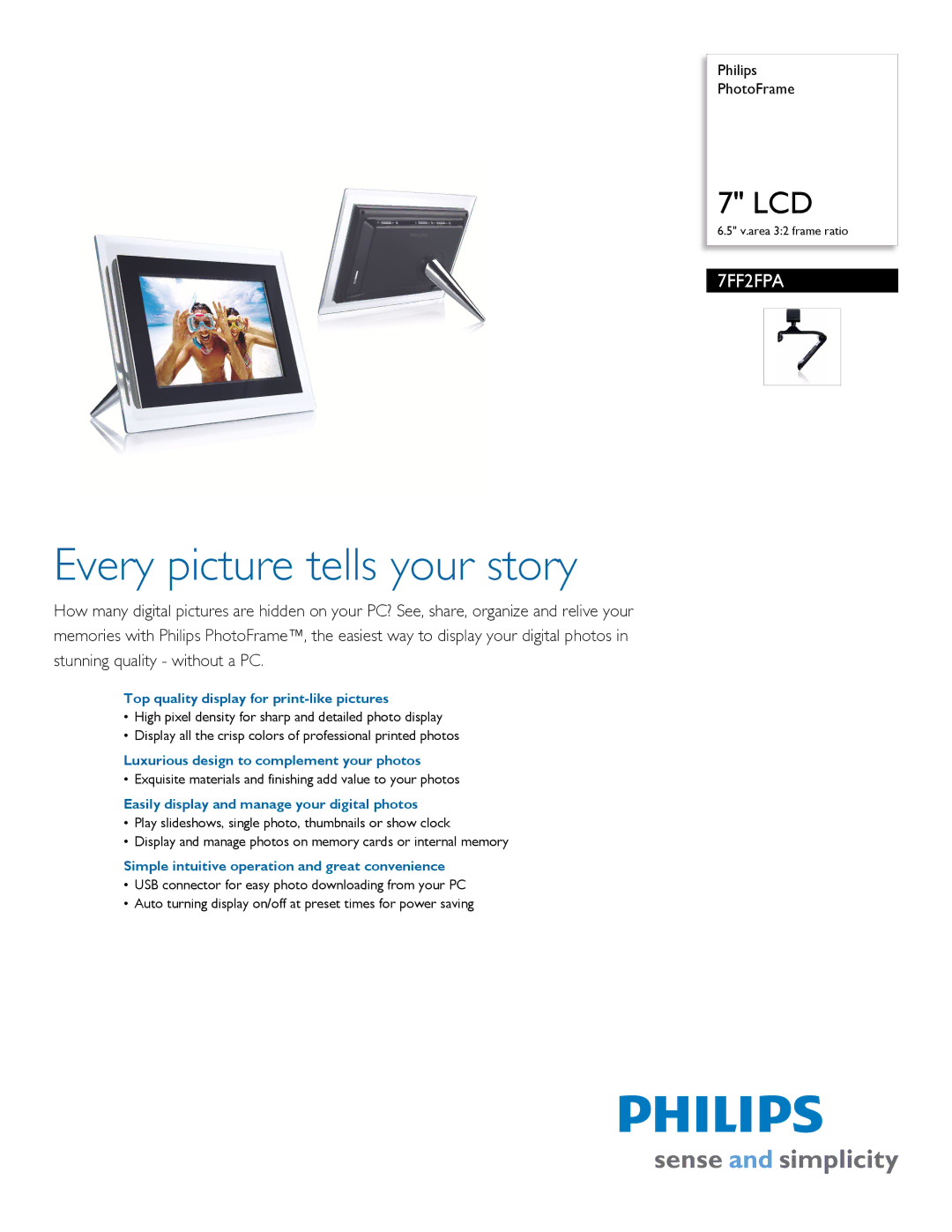 Philips 7FF2FPA/27 manual Top quality display for print-like pictures, Luxurious design to complement your photos 