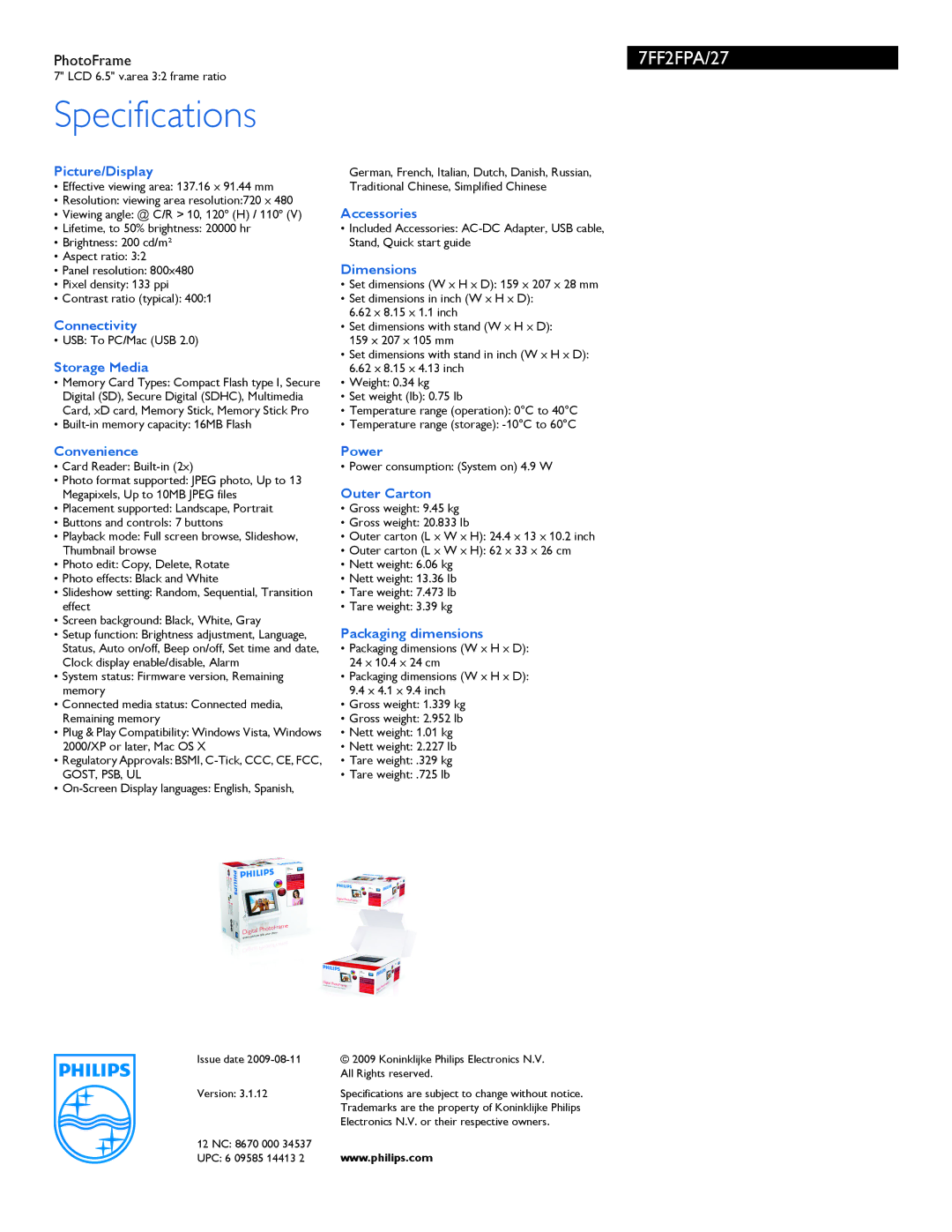 Philips 7FF2FPA/27 manual Specifications 