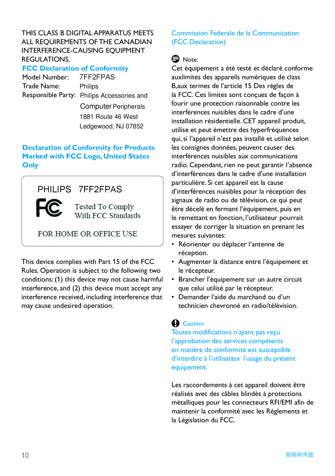 Philips manual Philips 7FF2FPAS, FCC Declaration of Conformity 