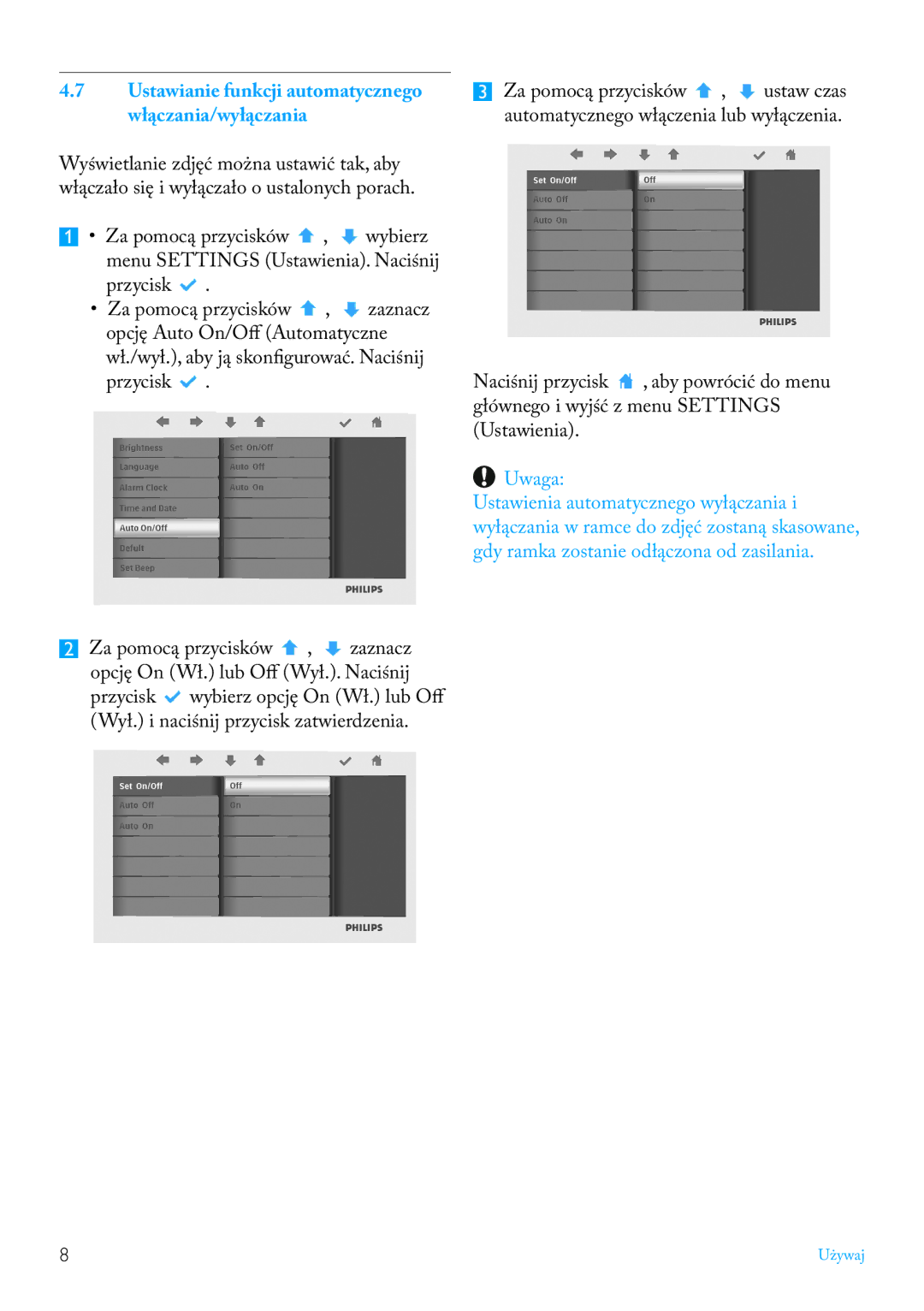 Philips 7FF2FPAS manual Ustawianie funkcji automatycznego włączania/wyłączania 