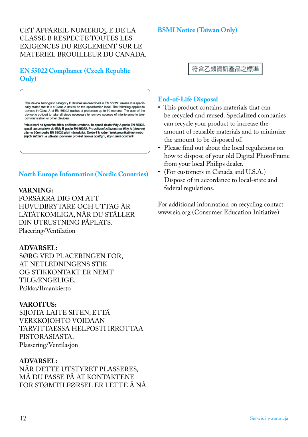 Philips 7FF2FPAS manual Varning, Bsmi Notice Taiwan Only End-of-Life Disposal 