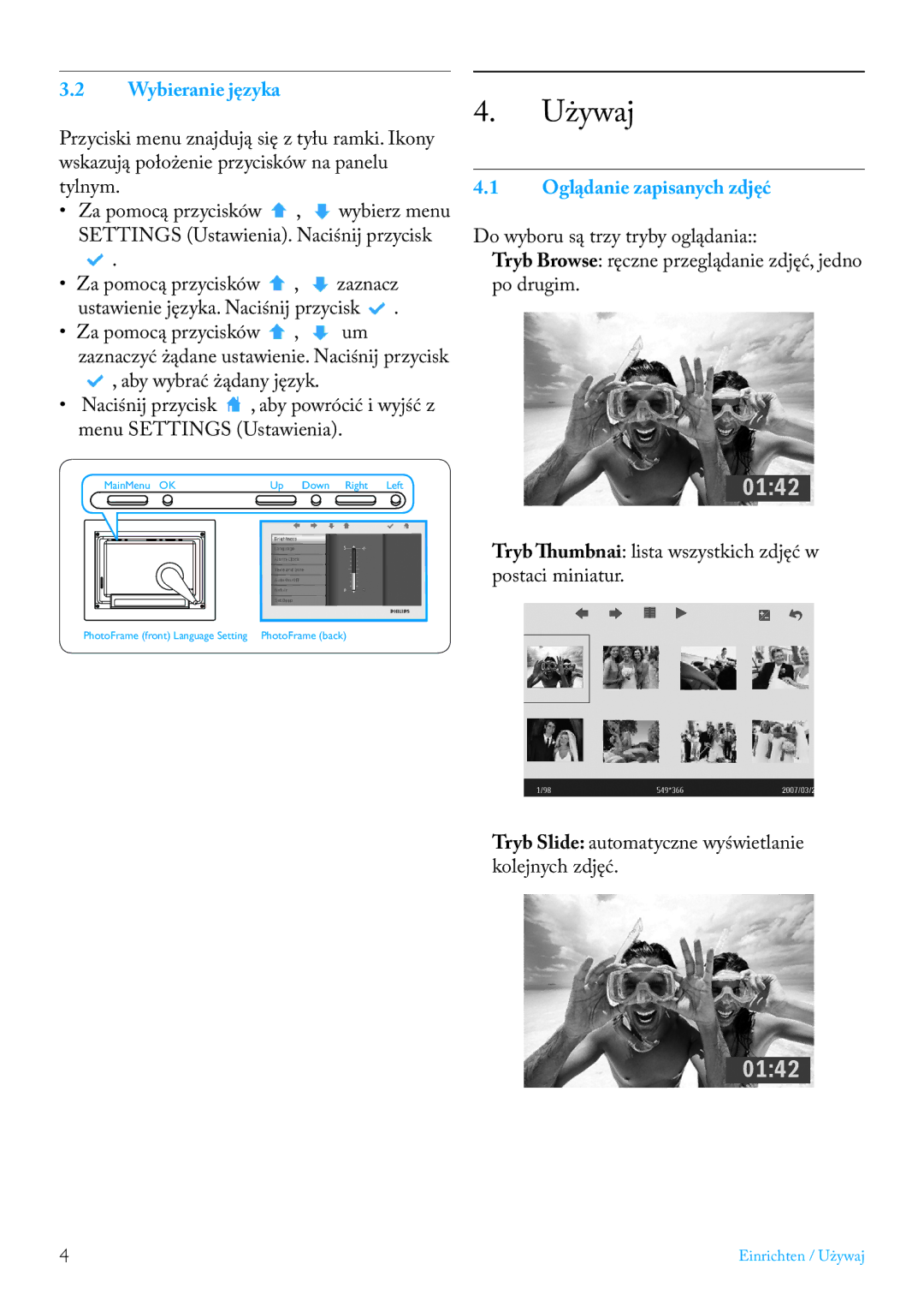 Philips 7FF2FPAS manual Używaj, Wybieranie języka, Oglądanie zapisanych zdjęć 