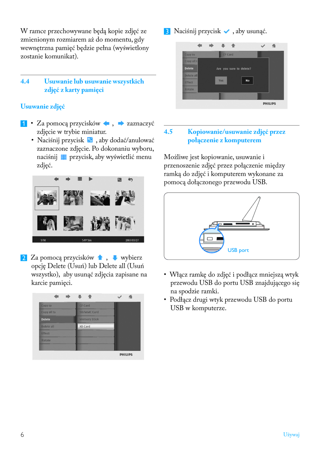 Philips 7FF2FPAS manual Kopiowanie/usuwanie zdjęć przez, Połączenie z komputerem 