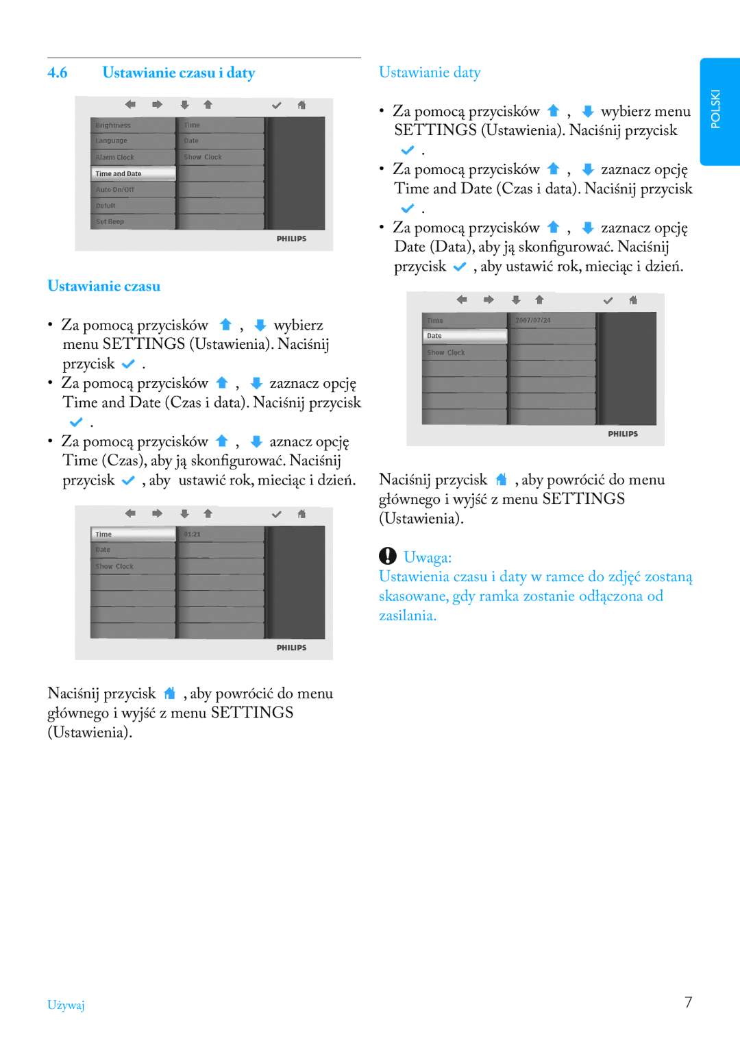 Philips 7FF2FPAS manual Ustawianie czasu i daty 