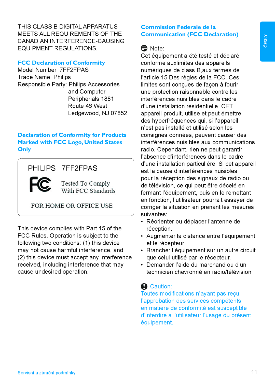 Philips 7FF2FPAS manual FCC Declaration of Conformity, Commission Federale de la Communication FCC Declaration 