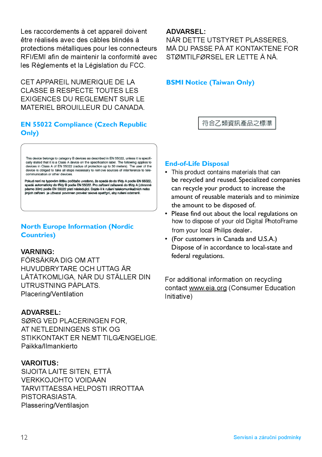 Philips 7FF2FPAS manual Varning, Bsmi Notice Taiwan Only End-of-Life Disposal 