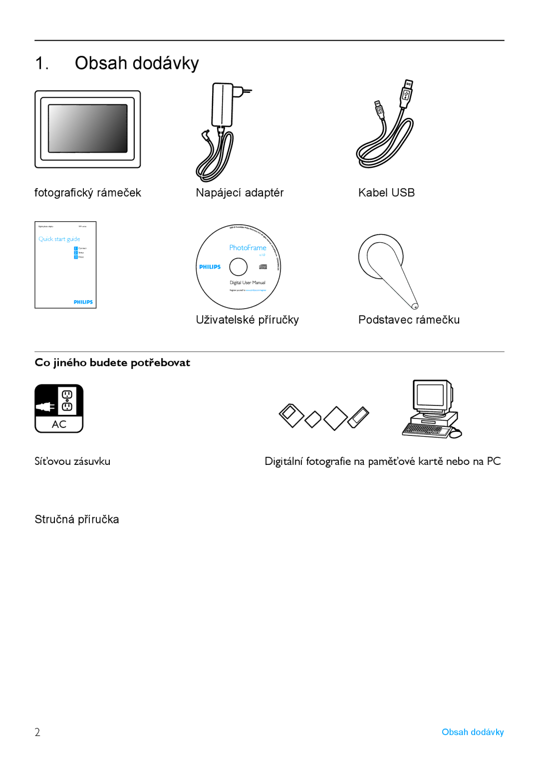 Philips 7FF2FPAS manual Obsah dodávky, Co jiného budete potřebovat 