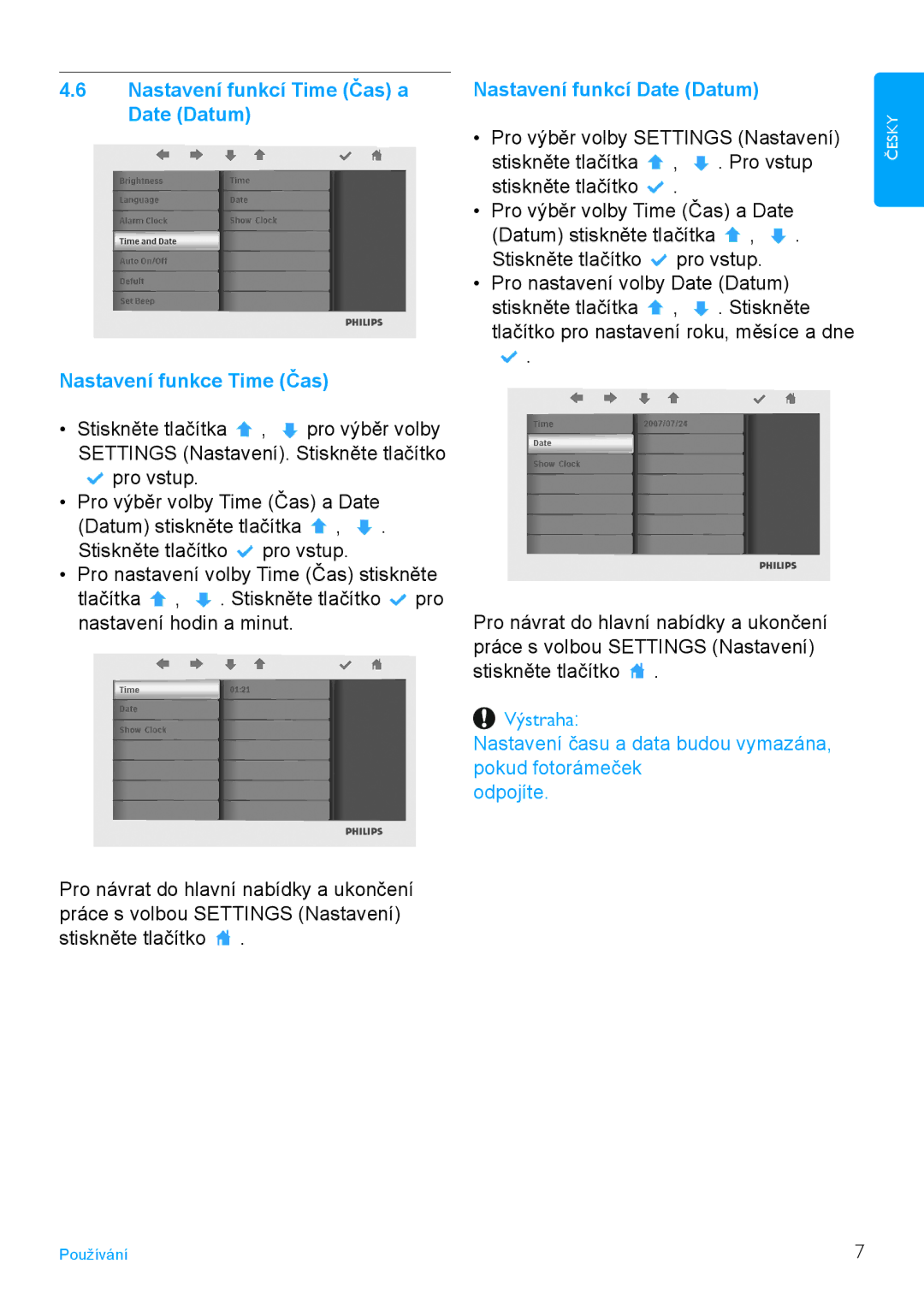 Philips 7FF2FPAS manual Nastavení funkcí Date Datum 