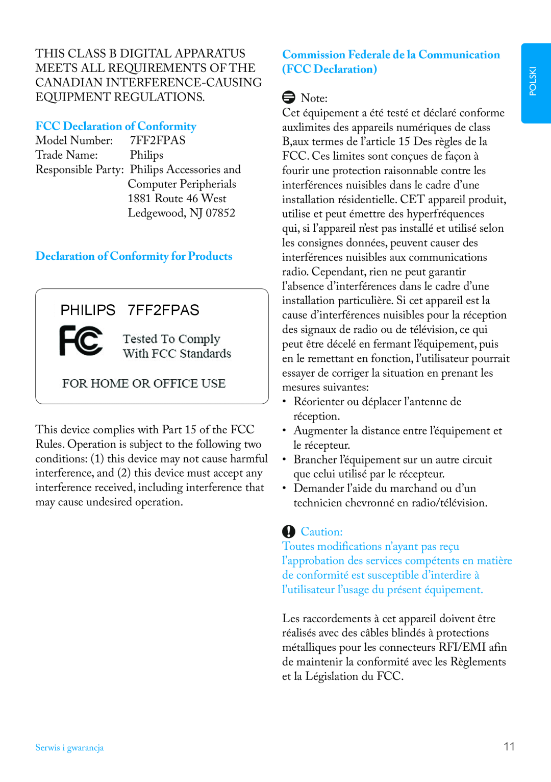 Philips manual FCC Declaration of Conformity, Declaration of Conformity for Products, PHILIPS 7FF2FPAS 