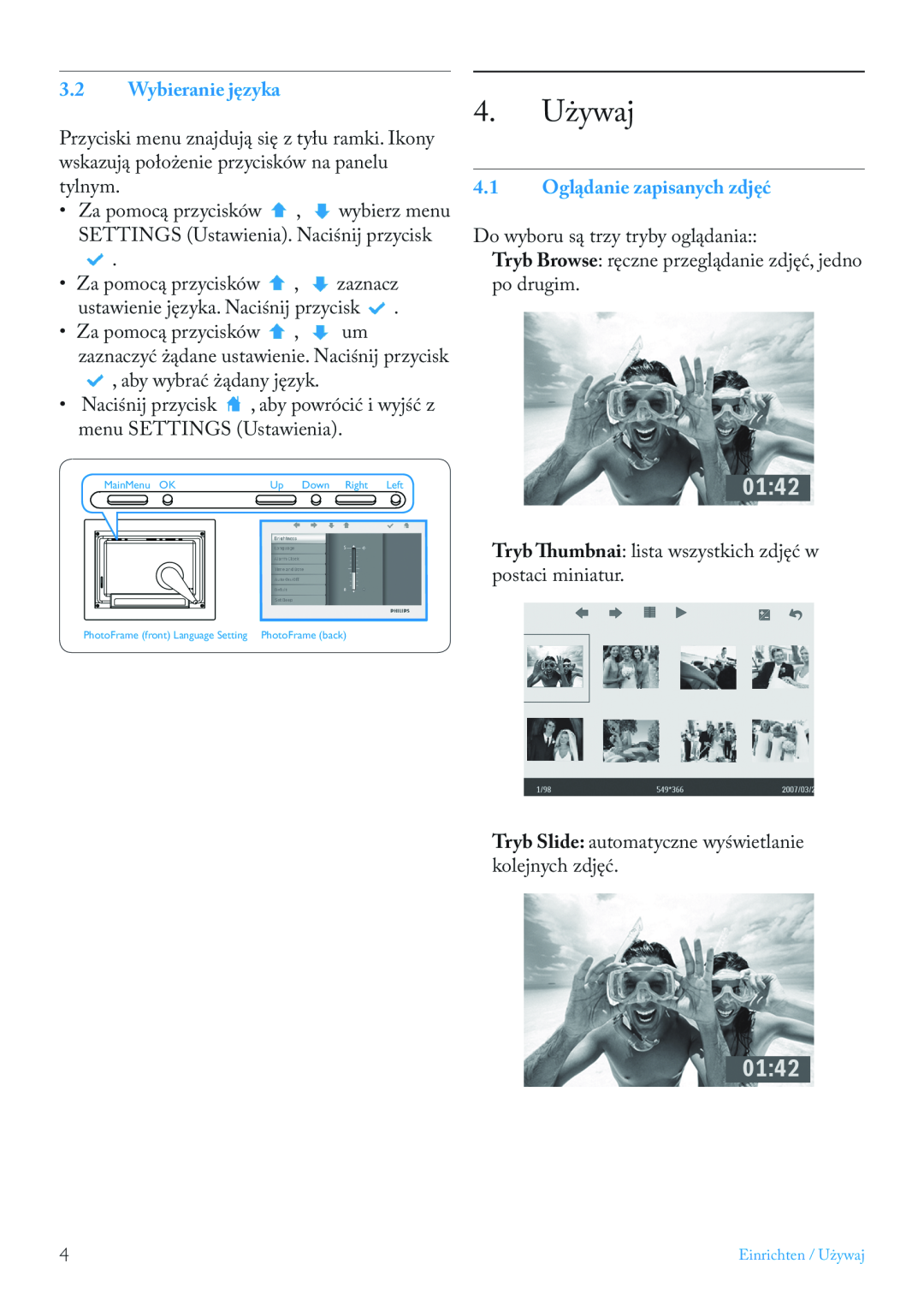 Philips 7FF2FPAS manual 4. Używaj, Wybieranie języka, 4.1 Oglądanie zapisanych zdjęć 