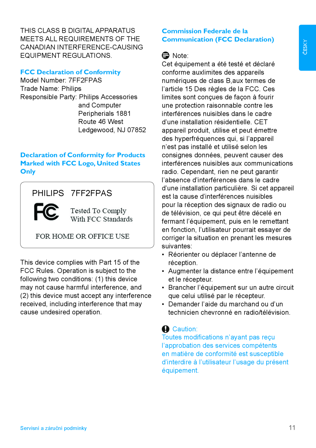 Philips manual FCC Declaration of Conformity, Commission Federale de la Communication FCC Declaration, PHILIPS 7FF2FPAS 