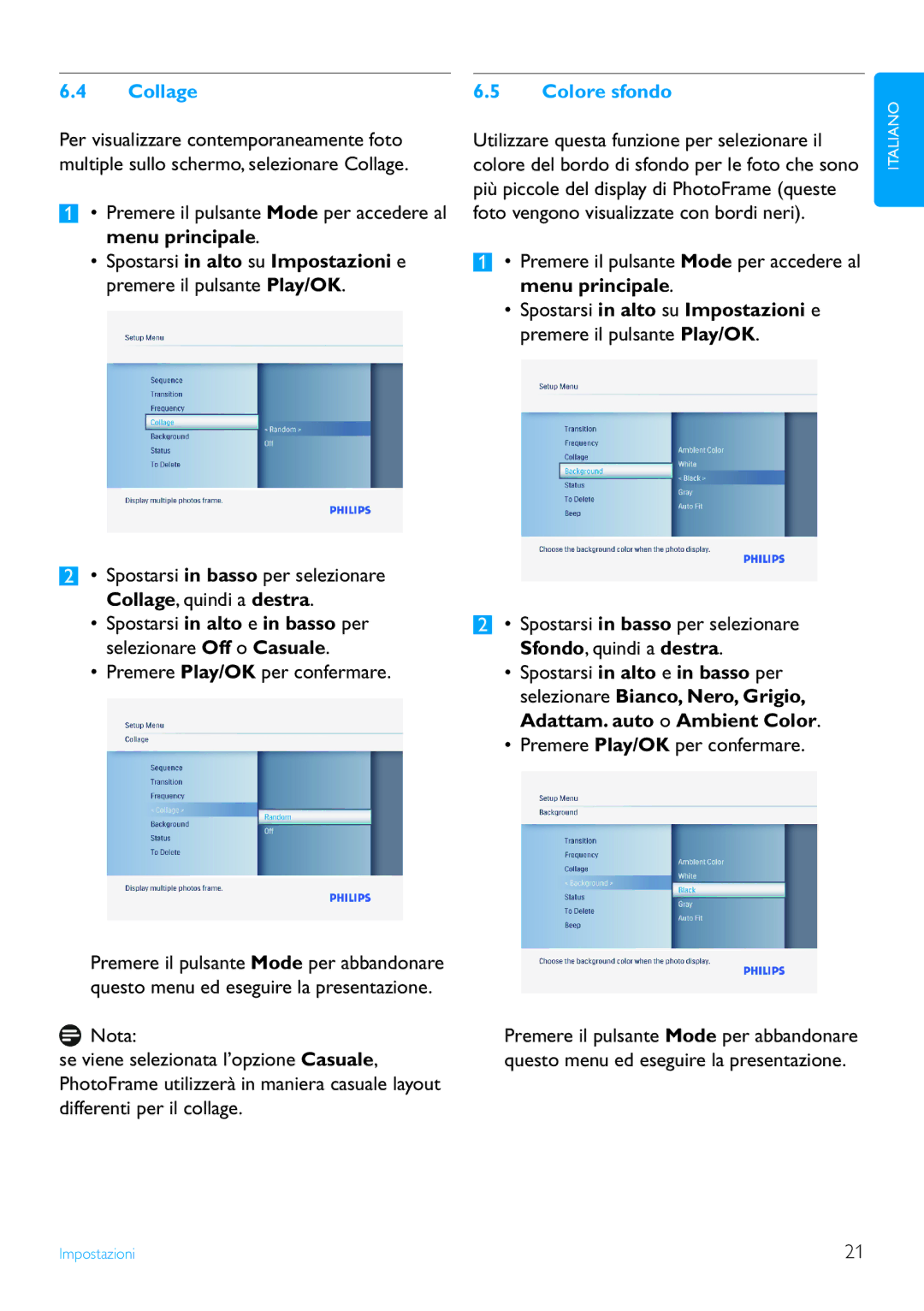 Philips 6FF3FP, 7FF3FP, 8FF3FP manual Collage, Colore sfondo 