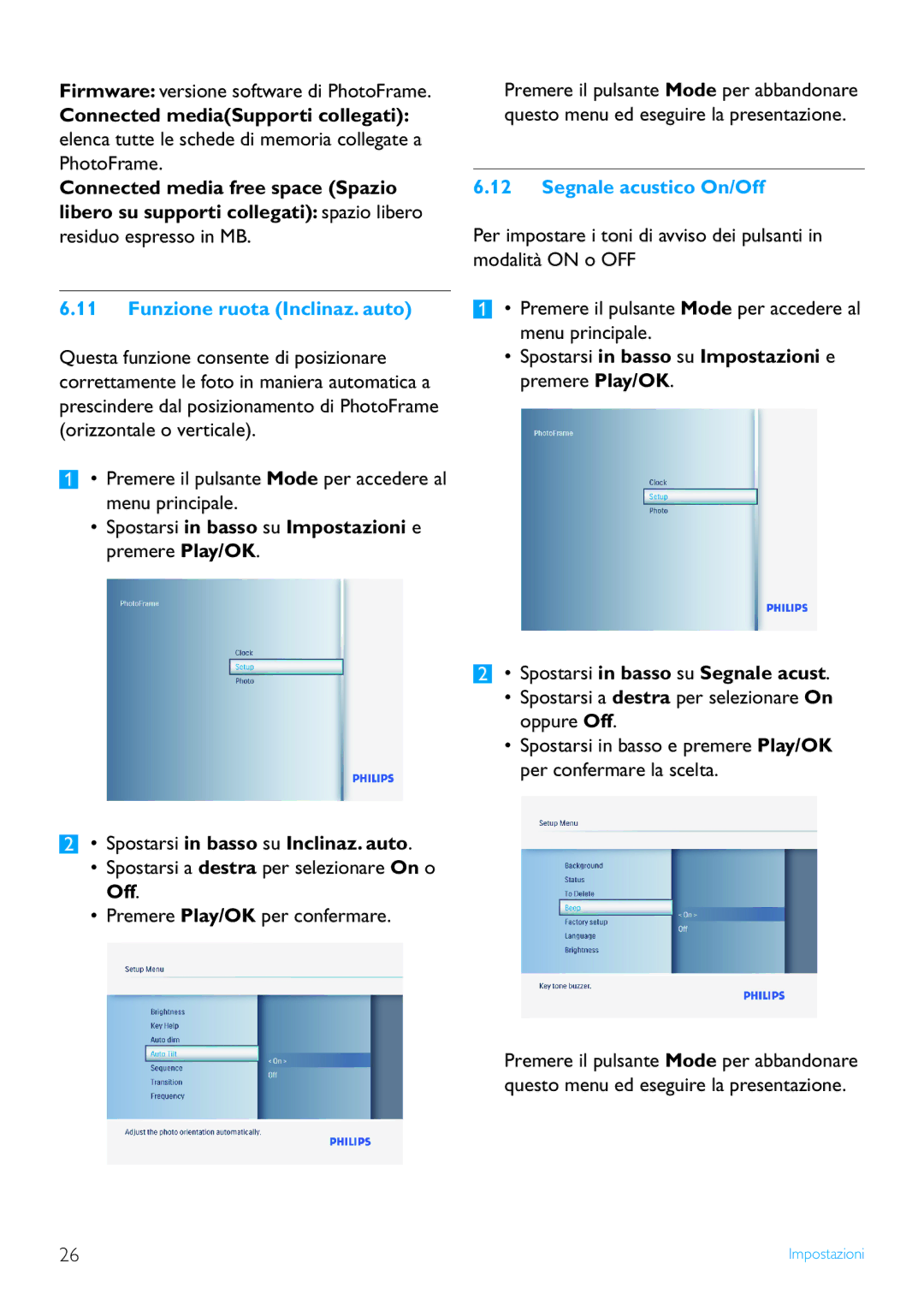 Philips 8FF3FP, 7FF3FP Firmware versione software di PhotoFrame, Funzione ruota Inclinaz. auto, Segnale acustico On/Off 