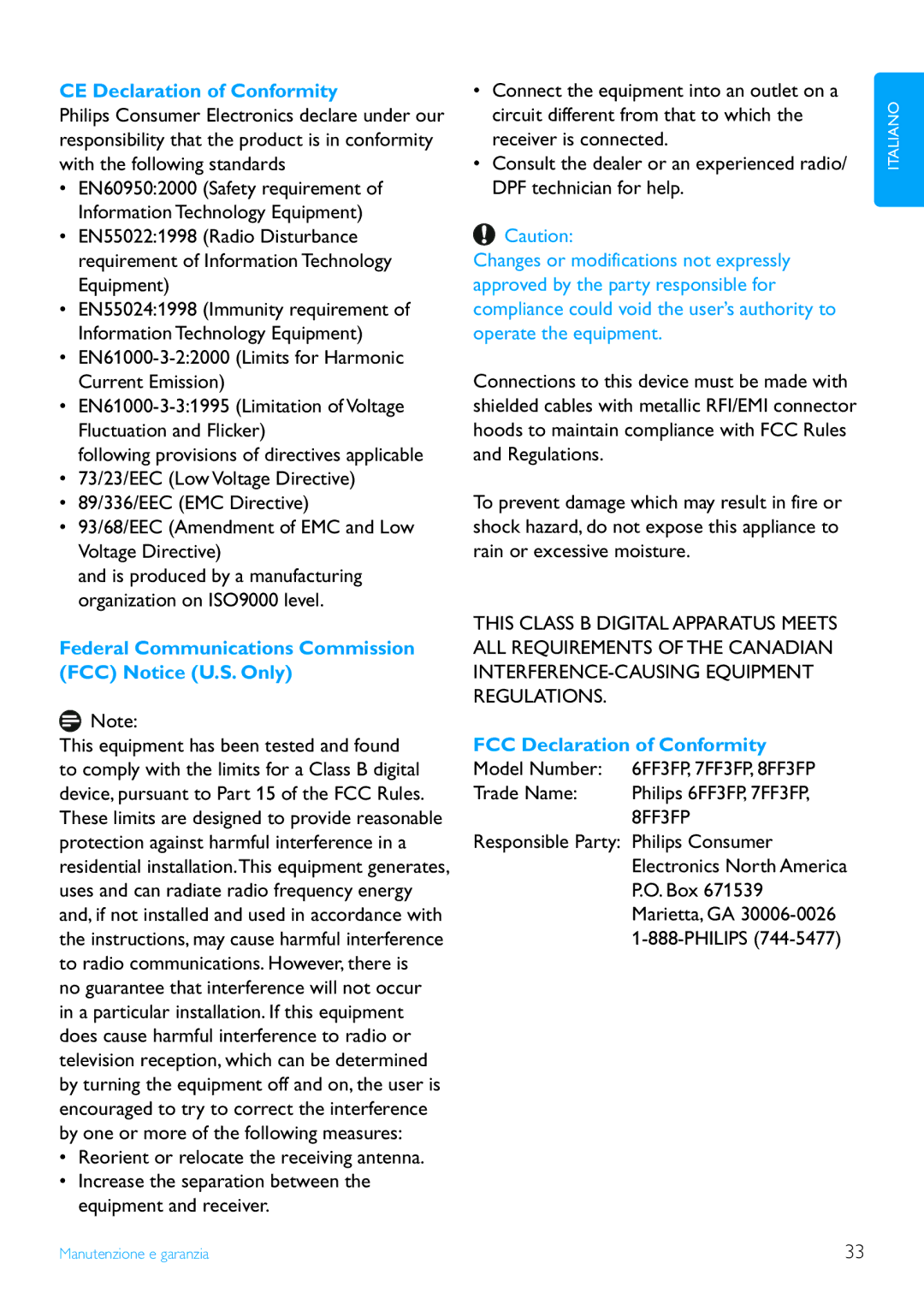 Philips 6FF3FP, 7FF3FP CE Declaration of Conformity, Federal Communications Commission FCC Notice U.S. Only, Model Number 