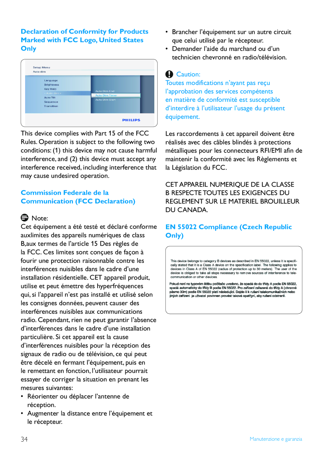 Philips 7FF3FP, 8FF3FP Commission Federale de la Communication FCC Declaration, EN 55022 Compliance Czech Republic Only 