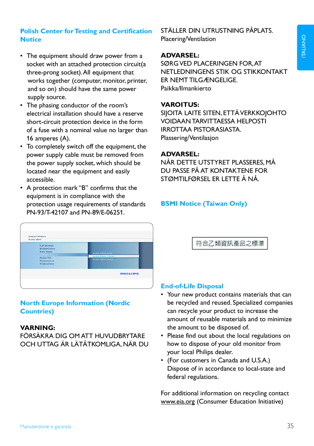 Philips 8FF3FP, 7FF3FP manual Polish Center for Testing and Certification Notice, North Europe Information Nordic Countries 