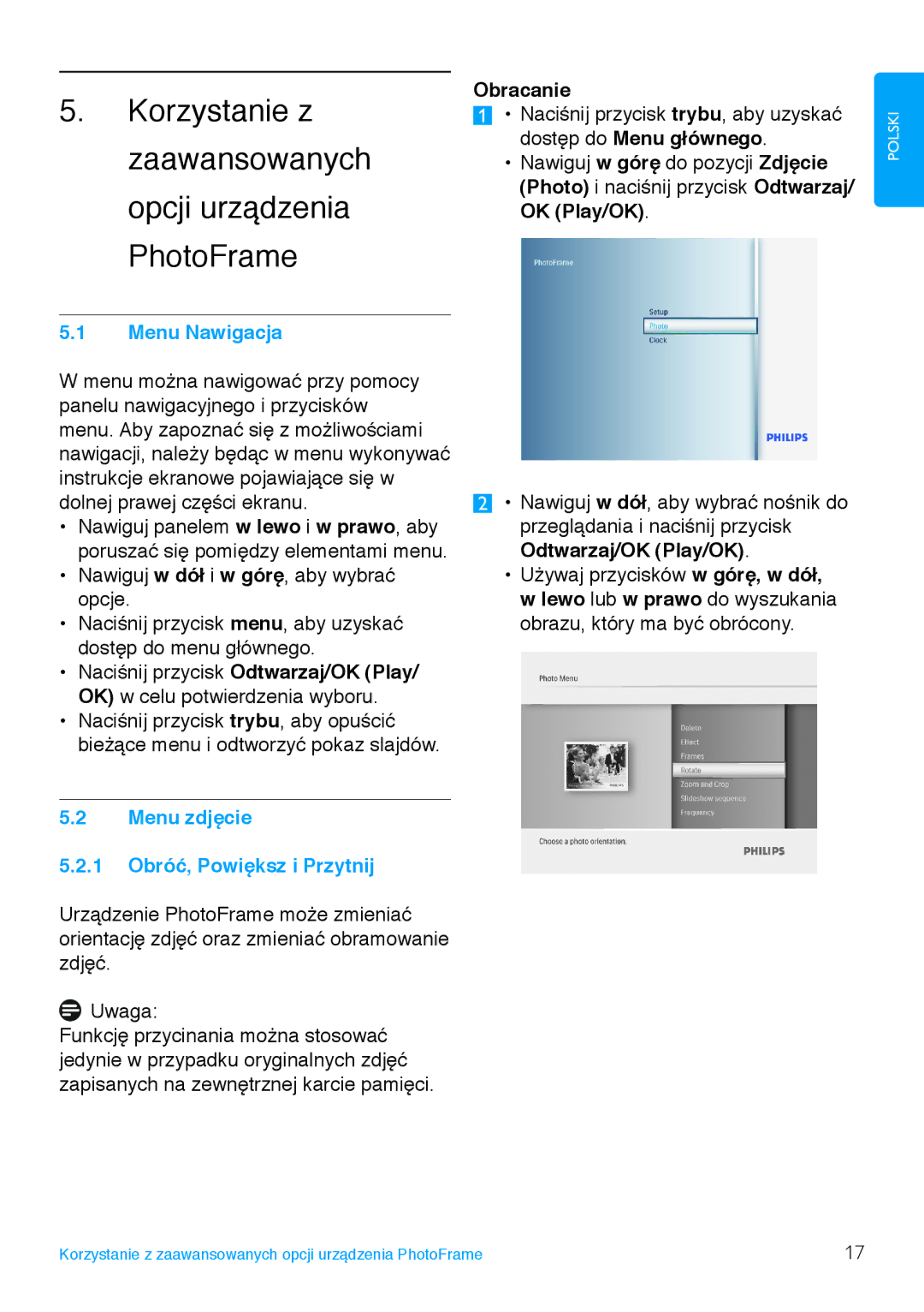 Philips 8FF3FP, 7FF3FP, 6FF3FP manual Korzystanie z zaawansowanych opcji urządzenia PhotoFrame, Menu Nawigacja, Obracanie 