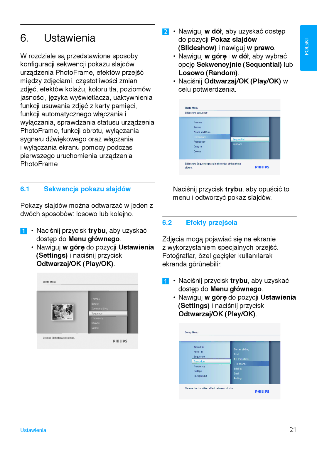 Philips 6FF3FP Ustawienia, Naciśnij Odtwarzaj/OK Play/OK w celu potwierdzenia, Sekwencja pokazu slajdów, Efekty przejścia 