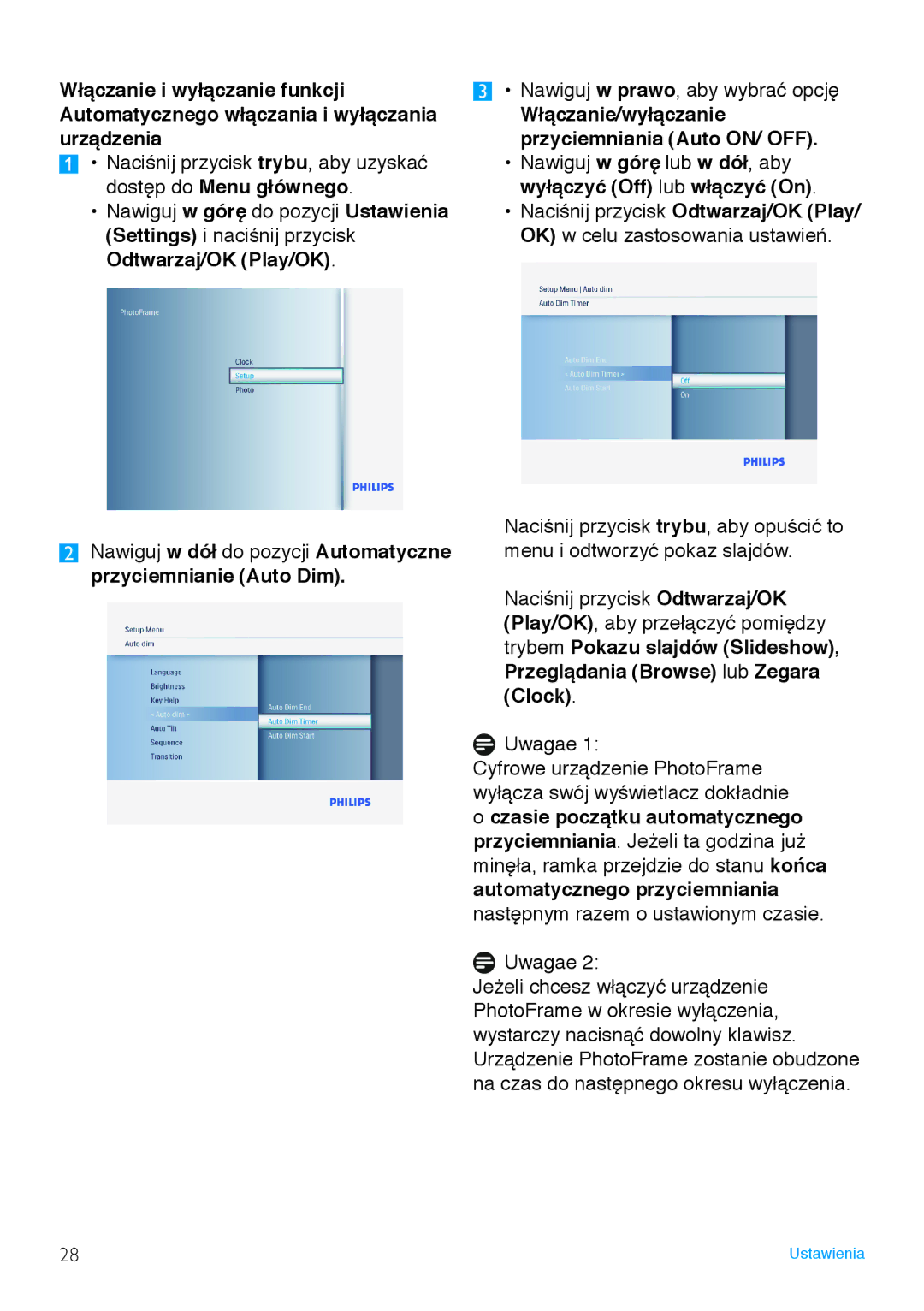 Philips 7FF3FP, 8FF3FP, 6FF3FP manual Włączanie/wyłączanie przyciemniania Auto ON/ OFF 