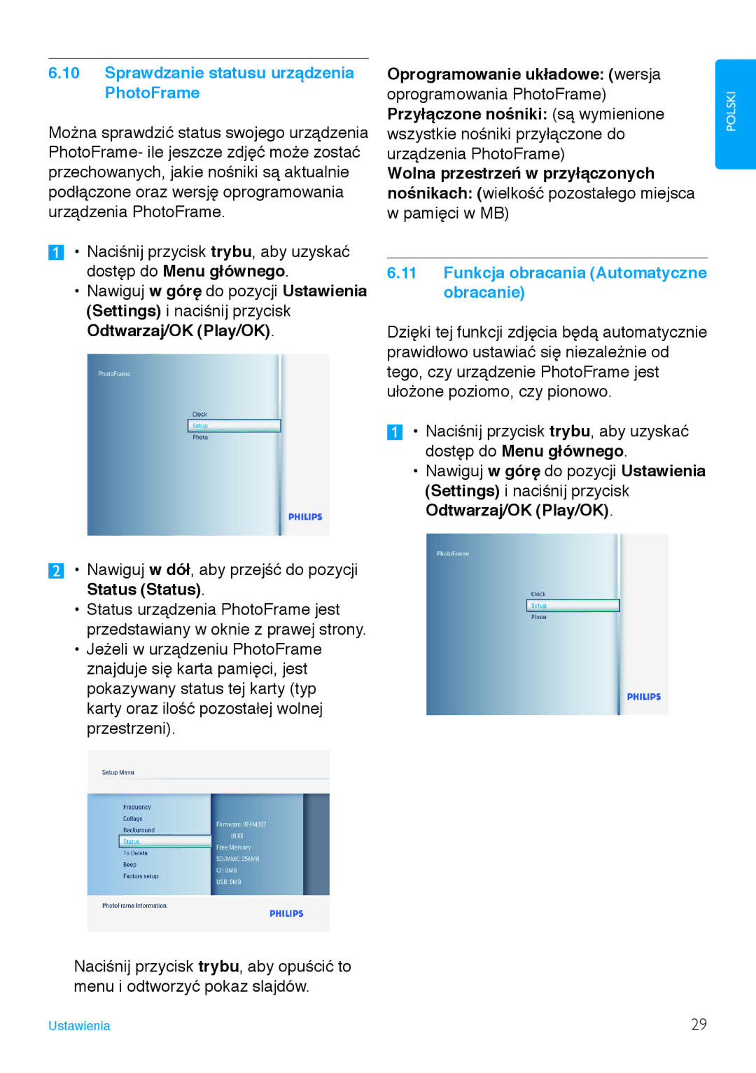 Philips 8FF3FP, 7FF3FP, 6FF3FP manual Sprawdzanie statusu urządzenia PhotoFrame, Oprogramowanie układowe wersja 