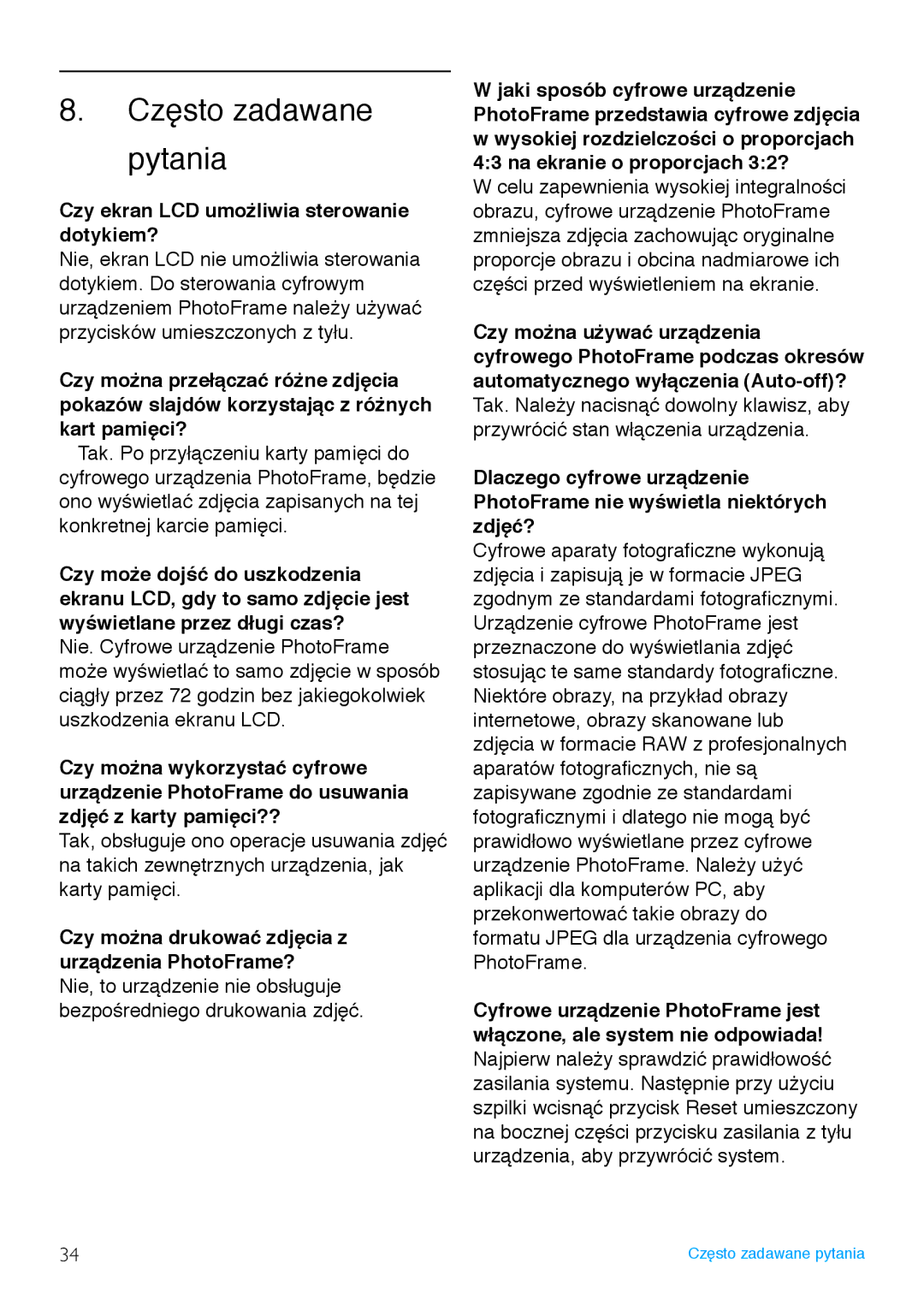 Philips 7FF3FP, 8FF3FP, 6FF3FP manual Często zadawane Pytania, Czy ekran LCD umożliwia sterowanie dotykiem? 