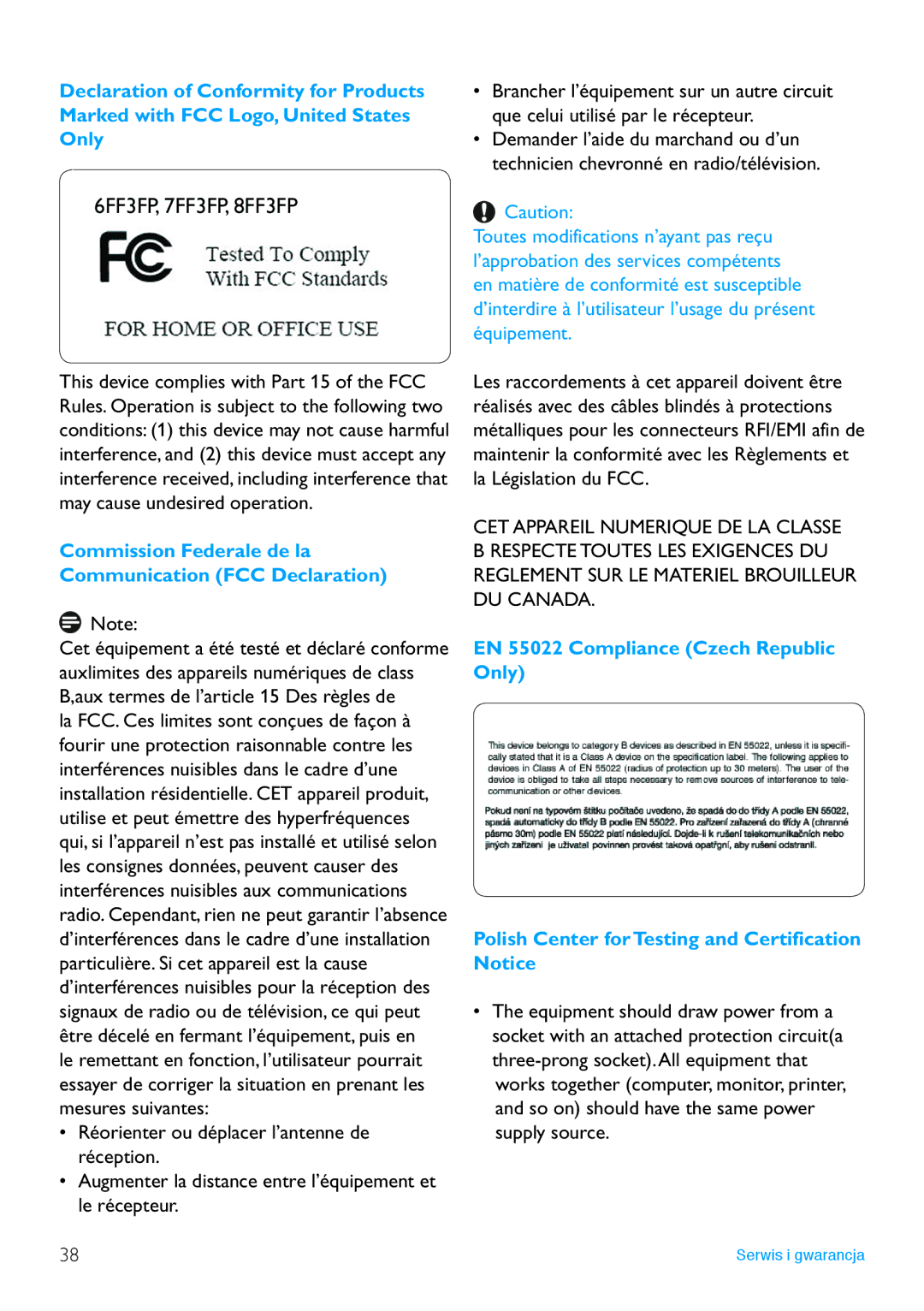 Philips 8FF3FP, 7FF3FP, 6FF3FP manual Commission Federale de la Communication FCC Declaration 