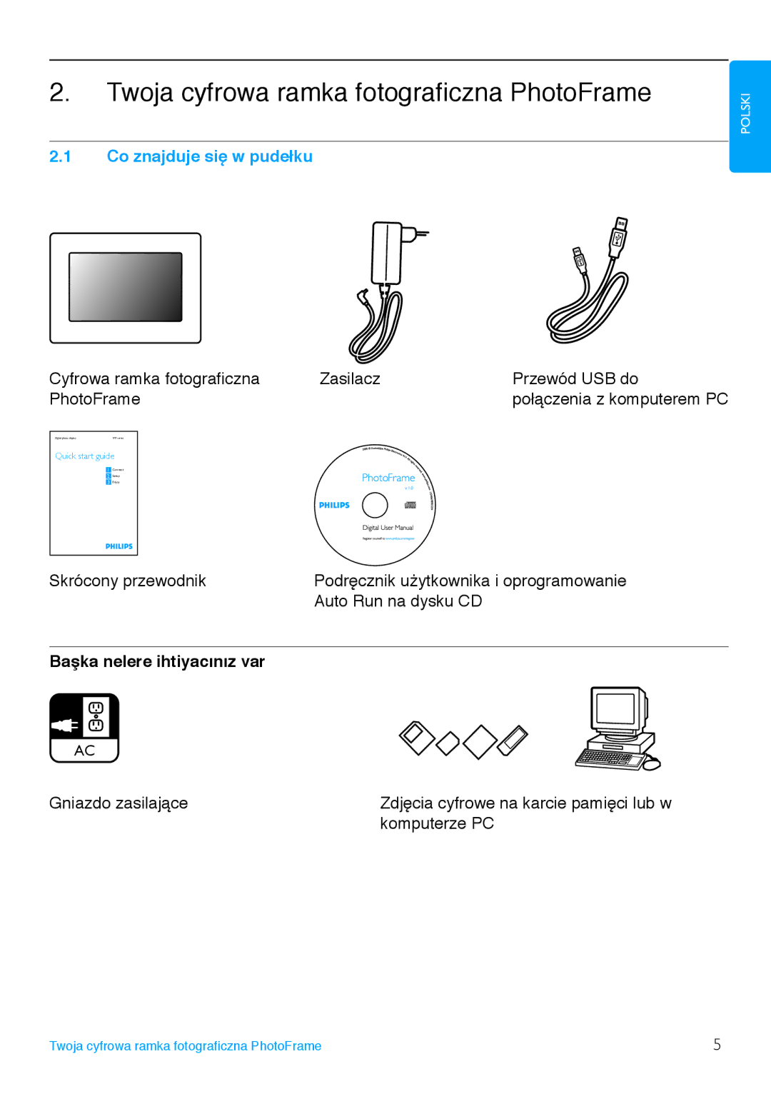 Philips 8FF3FP manual Twoja cyfrowa ramka fotograficzna PhotoFrame, Co znajduje się w pudełku, Başka nelere ihtiyacınız var 