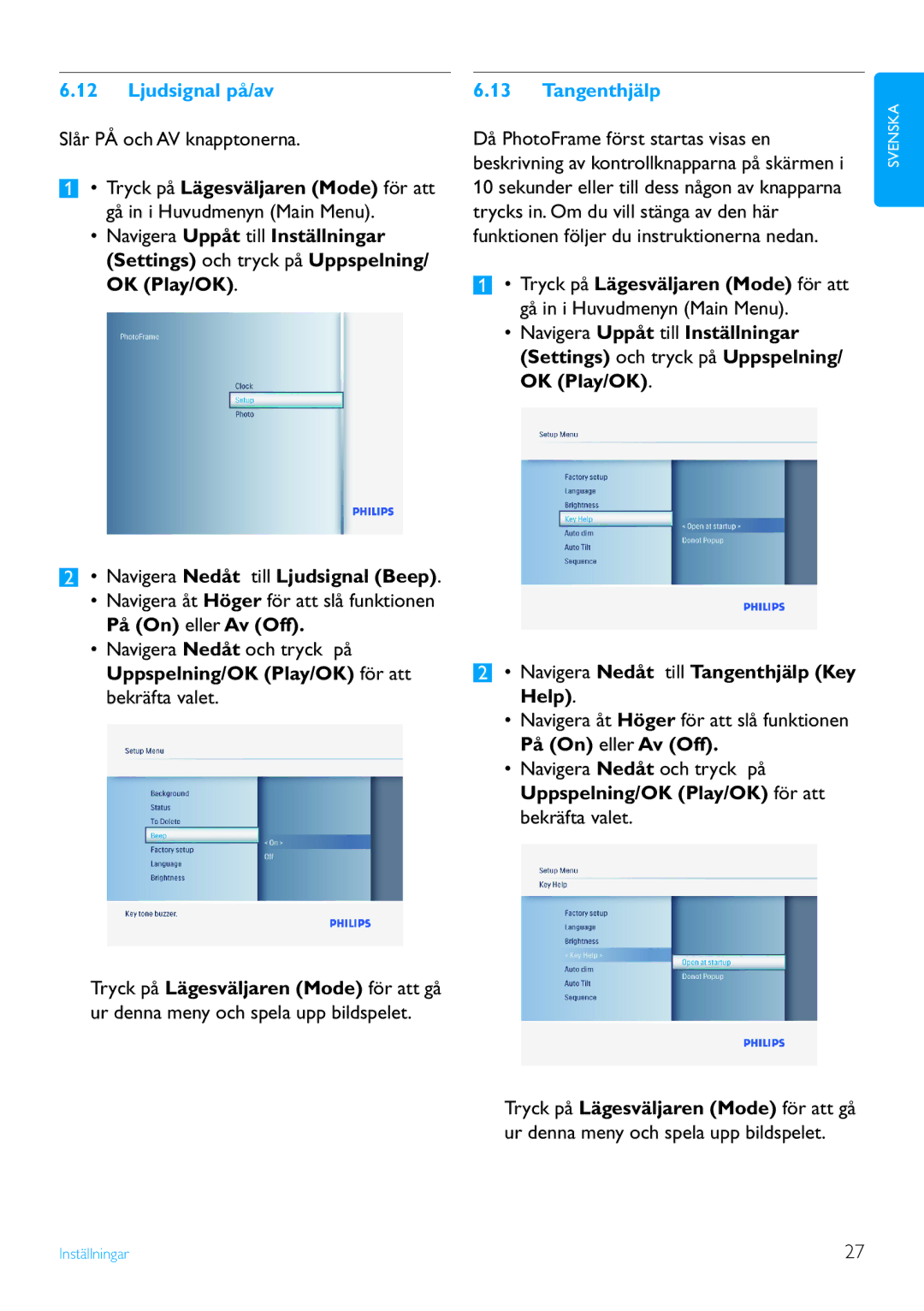 Philips 6FF3FP, 7FF3FP, 8FF3FP manual Ljudsignal på/av, Tangenthjälp 