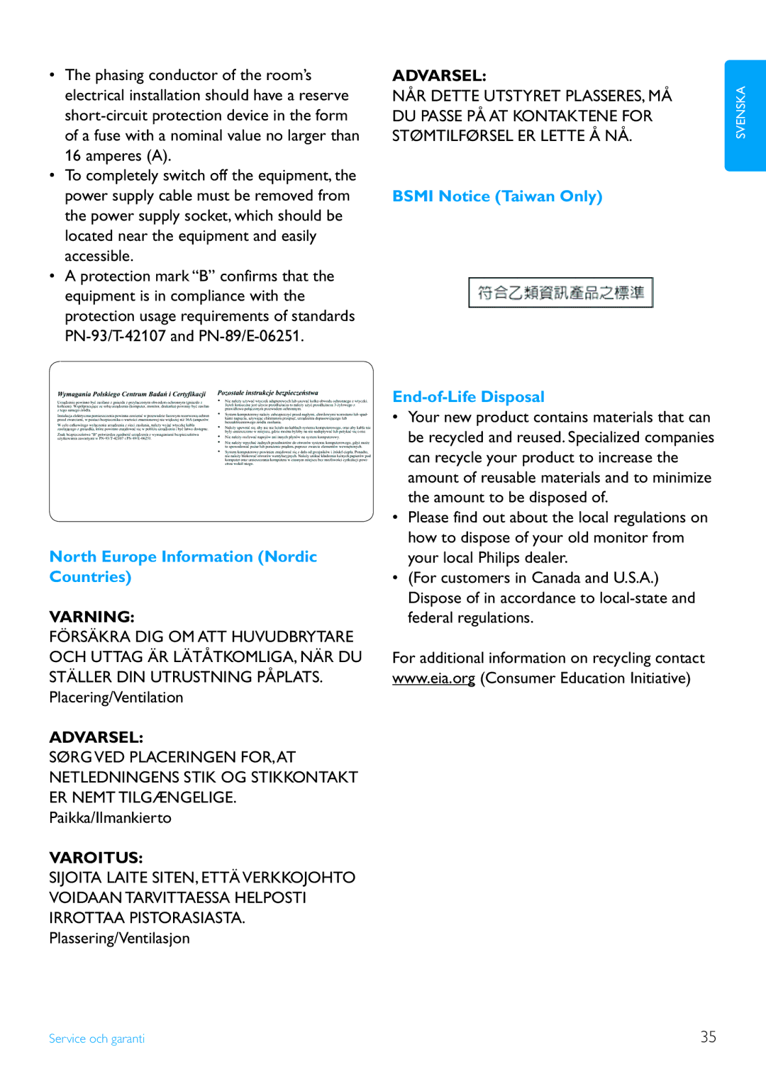 Philips 8FF3FP, 7FF3FP, 6FF3FP manual North Europe Information Nordic Countries, Bsmi Notice Taiwan Only End-of-Life Disposal 