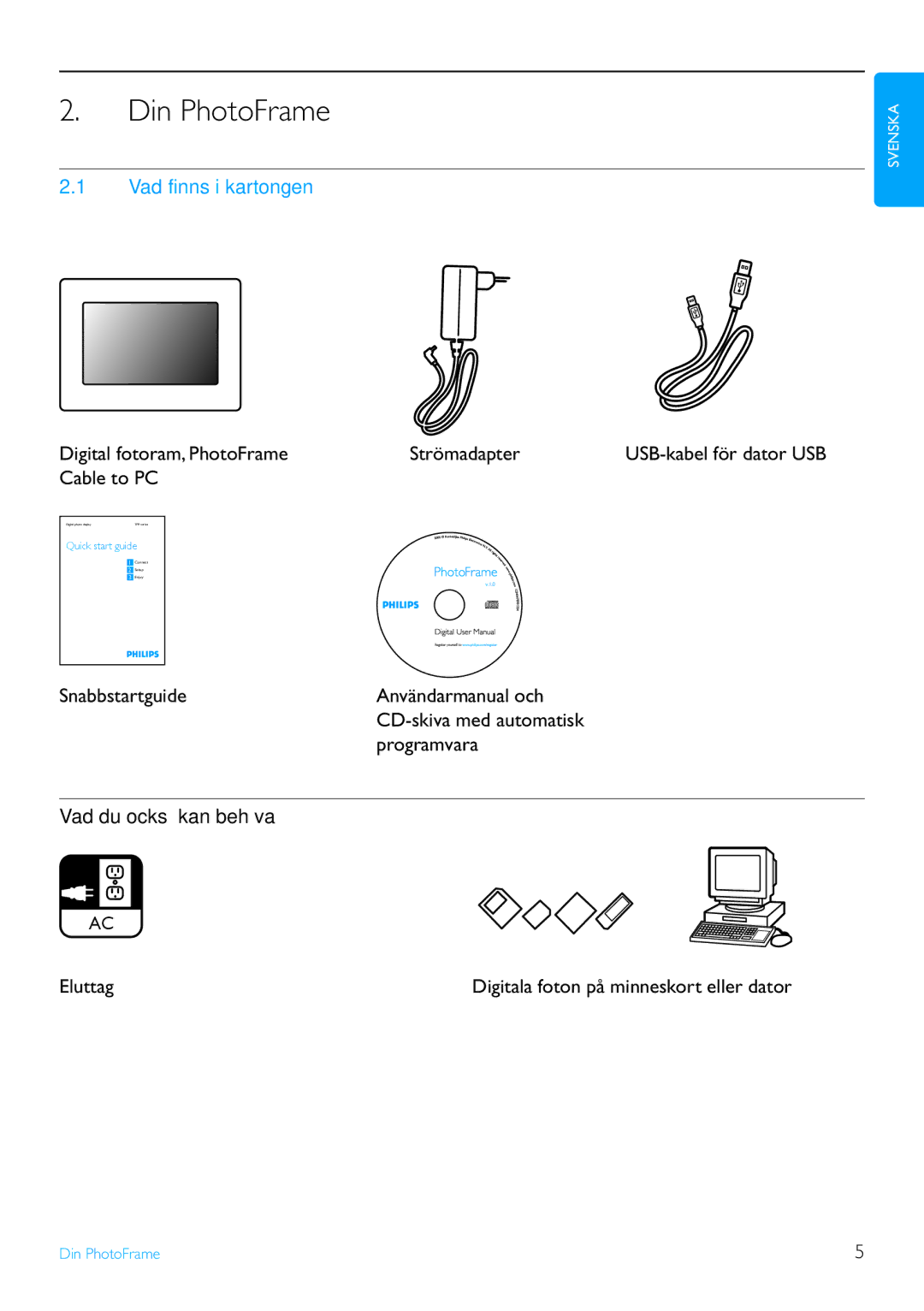 Philips 8FF3FP, 7FF3FP, 6FF3FP manual Din PhotoFrame, Vad finns i kartongen, Vad du också kan behöva 