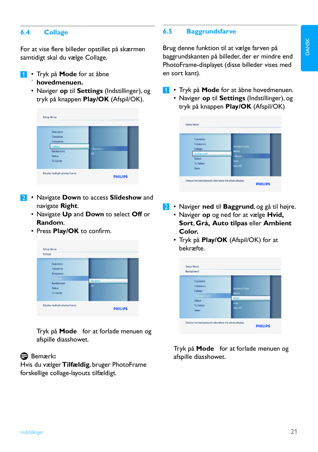 Philips 6FF3FP, 7FF3FP, 8FF3FP manual Collage, Tryk på Mode for at åbne ` hovedmenuen, Baggrundsfarve, Color 