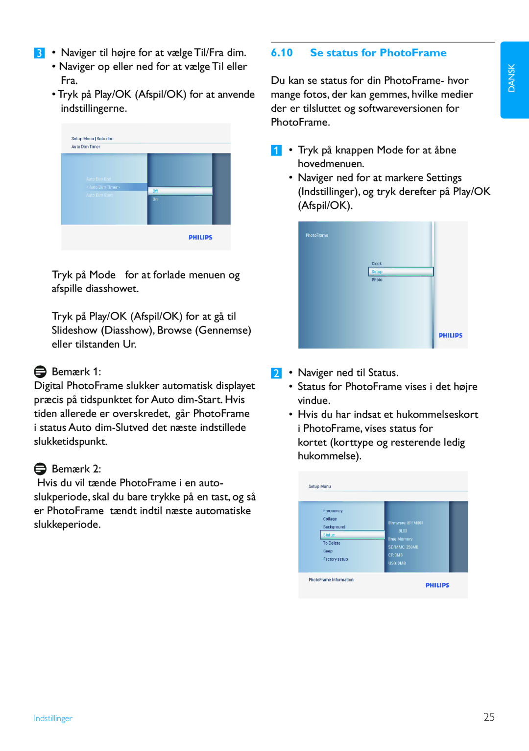 Philips 7FF3FP, 8FF3FP, 6FF3FP manual Se status for PhotoFrame 