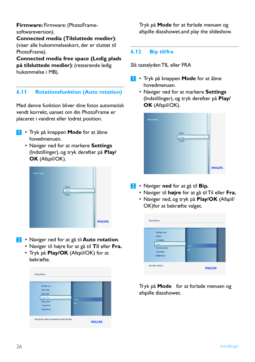 Philips 8FF3FP, 7FF3FP, 6FF3FP manual Rotationsfunktion Auto rotation, Bip til/fra 