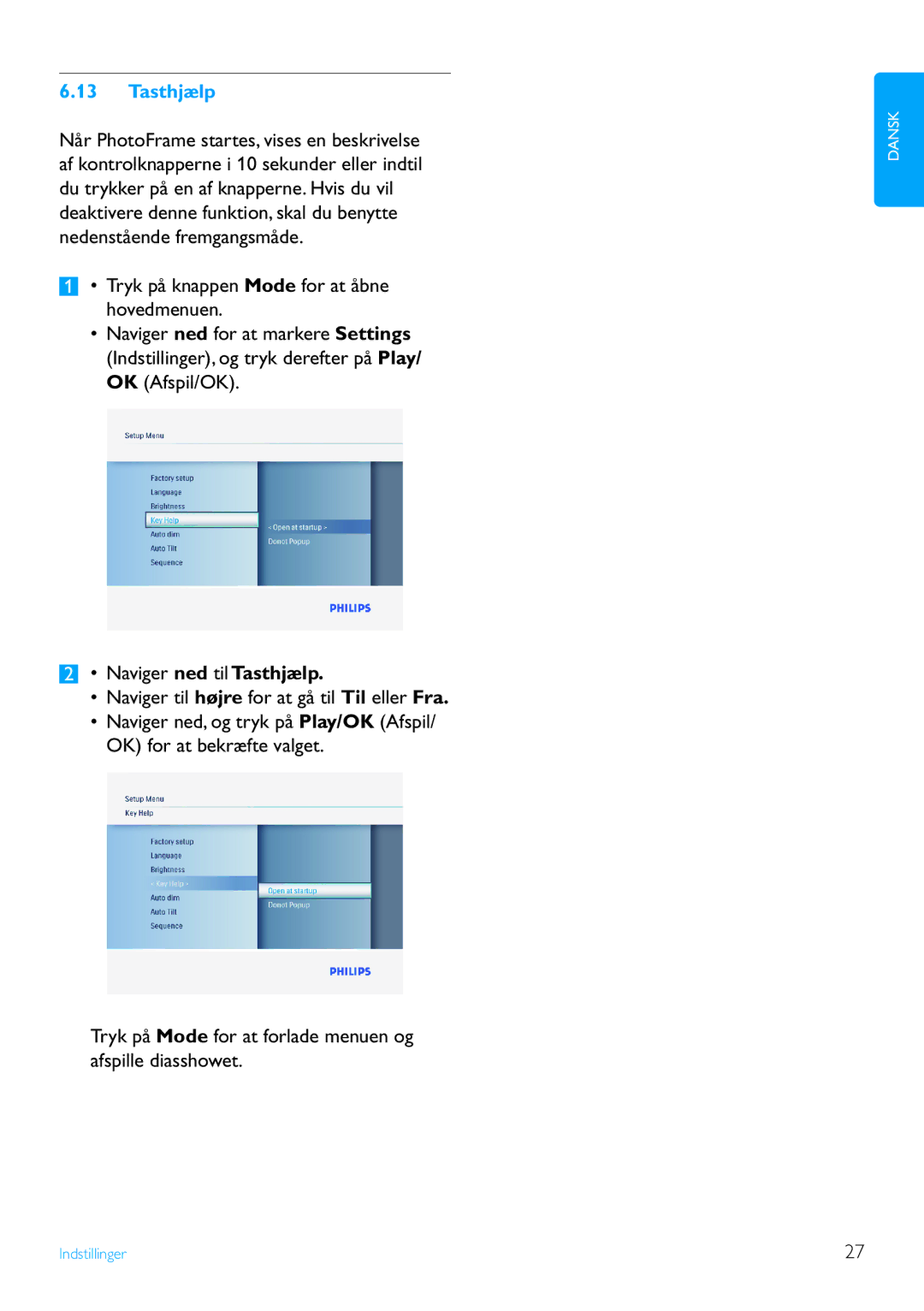 Philips 6FF3FP, 7FF3FP, 8FF3FP manual Tasthjælp 