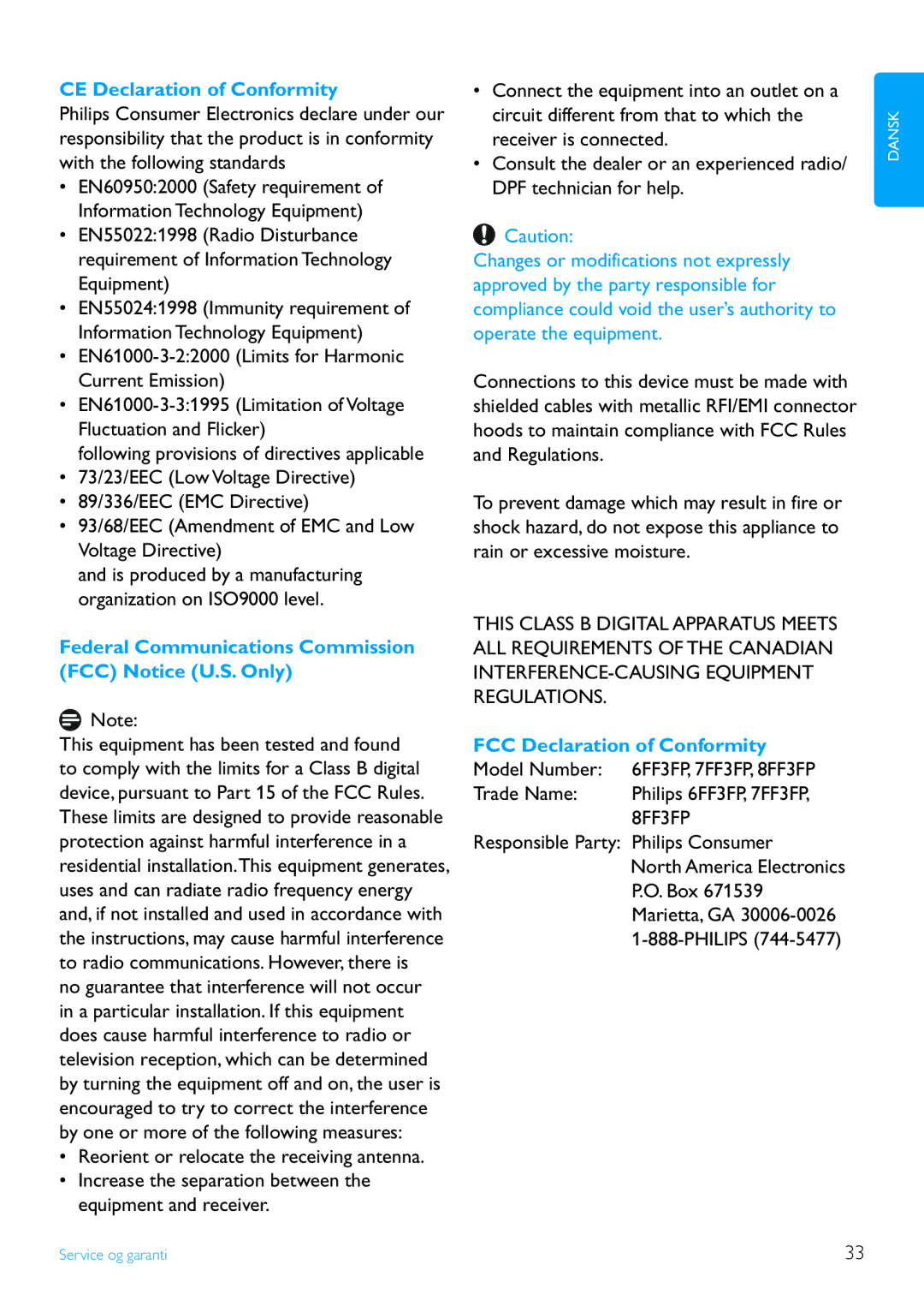 Philips 6FF3FP, 7FF3FP CE Declaration of Conformity, Federal Communications Commission FCC Notice U.S. Only, Model Number 