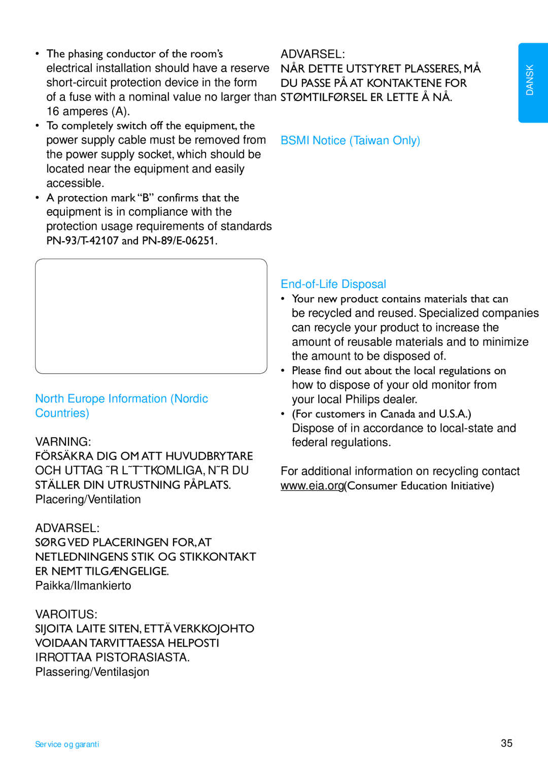 Philips 8FF3FP, 7FF3FP, 6FF3FP manual PN-93/T-42107 and PN-89/E-06251, North Europe Information Nordic Countries 