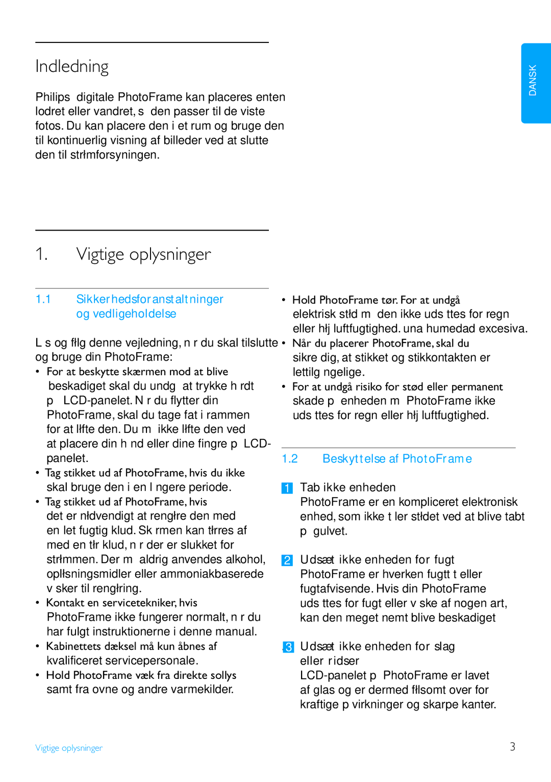 Philips 6FF3FP Indledning, Vigtige oplysninger, Sikkerhedsforanstaltninger og vedligeholdelse, Beskyttelse af PhotoFrame 