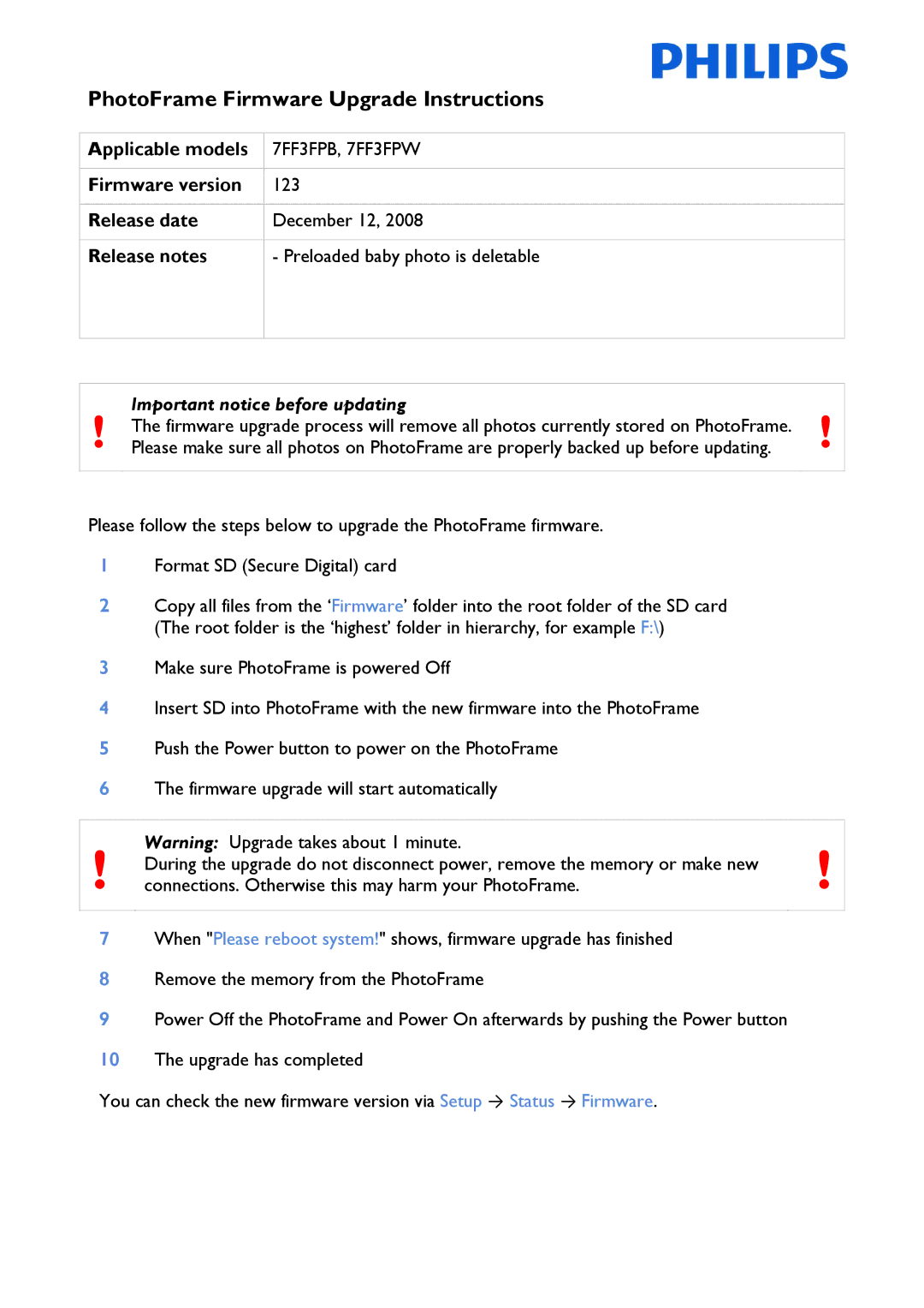 Philips 7FF3FPB, 7FF3FPW manual PhotoFrame Firmware Upgrade Instructions, Important notice before updating 